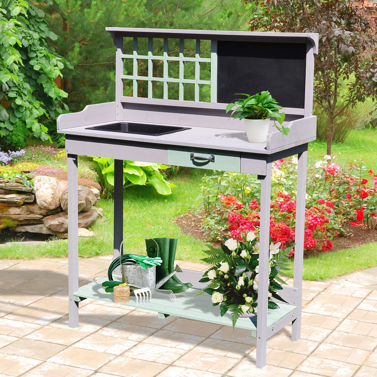 HOMCOM Gartenarbeitstisch Pflanztisch Gärtnertisch Gartentisch mit Wanne Holz