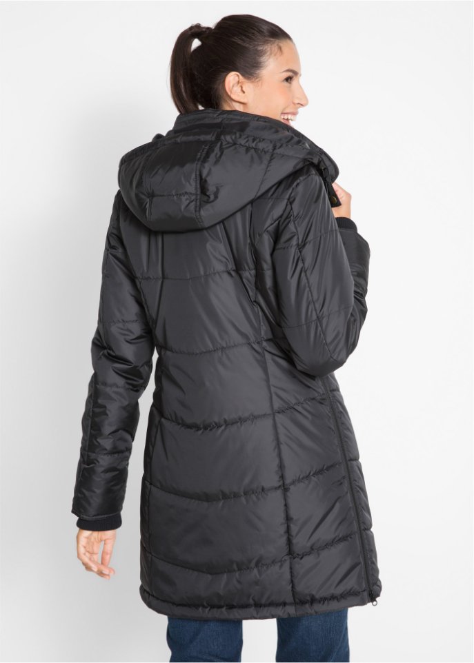Long-Steppjacke, wattiert mit Kragen und Kapuze