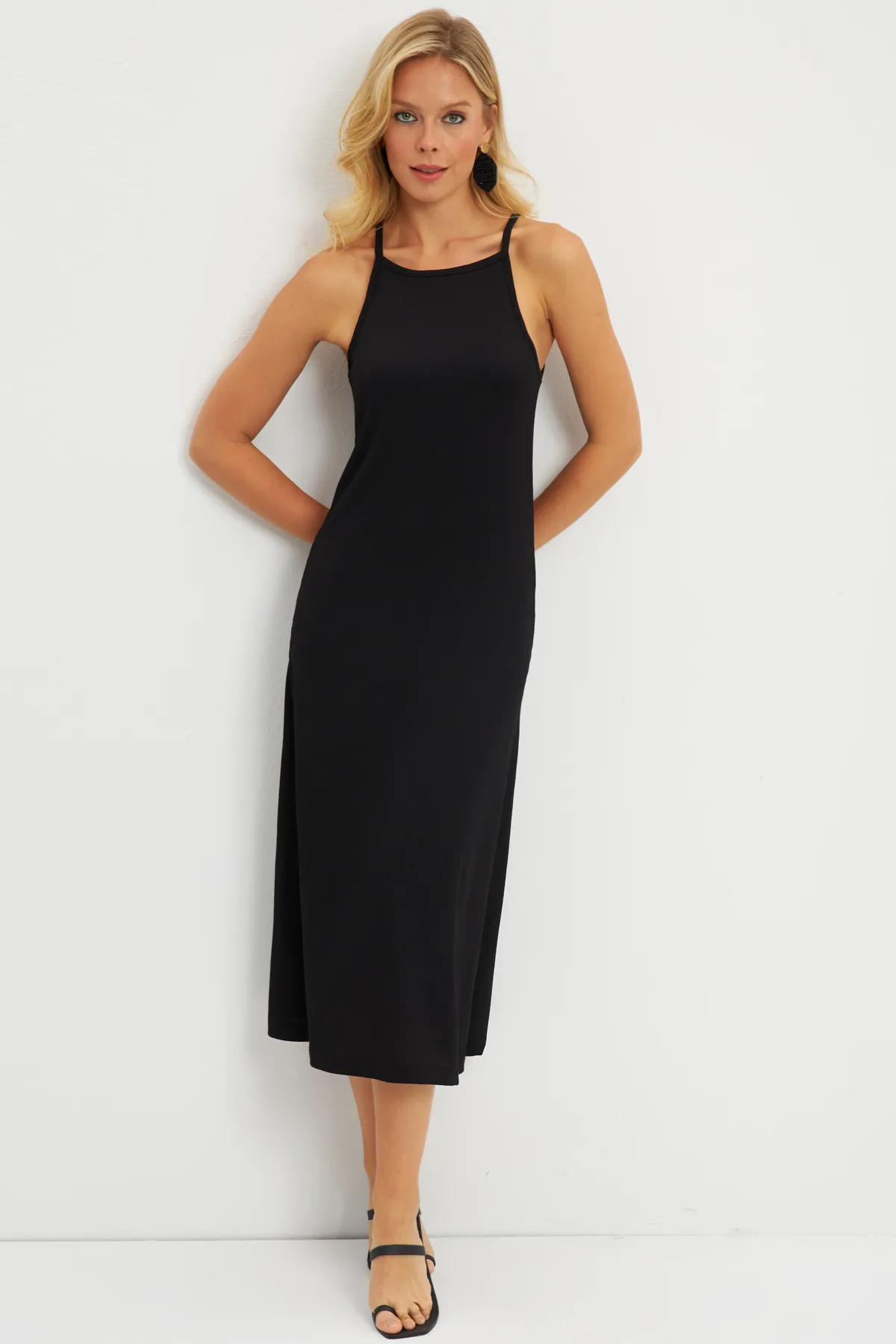 Cool & Sexy  Schwarzes Neckholder-Midikleid mit Wickeldesign für Damen DMR166