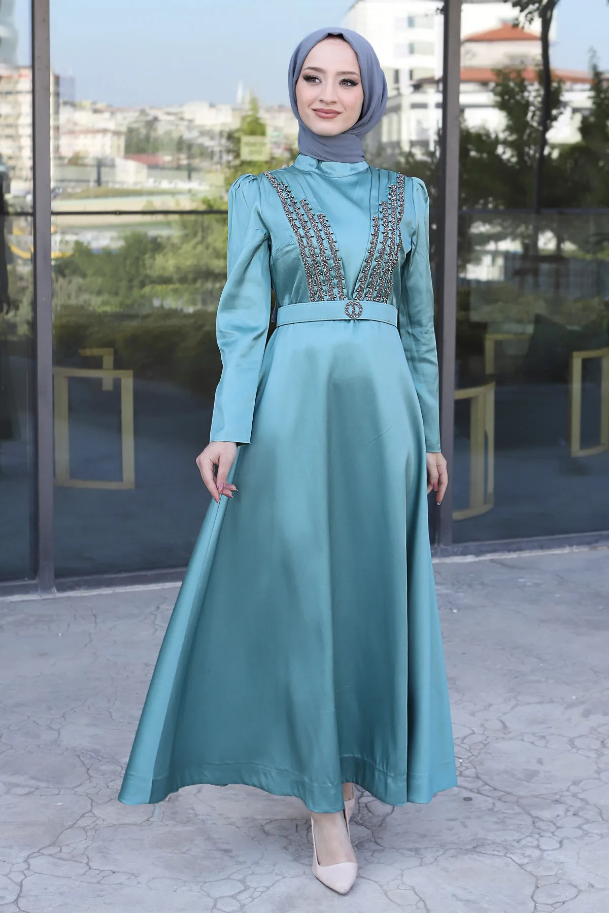 Tesettür Dünyası  Gürteldetailliertes Abendkleid Tsd220543 Mintgrün