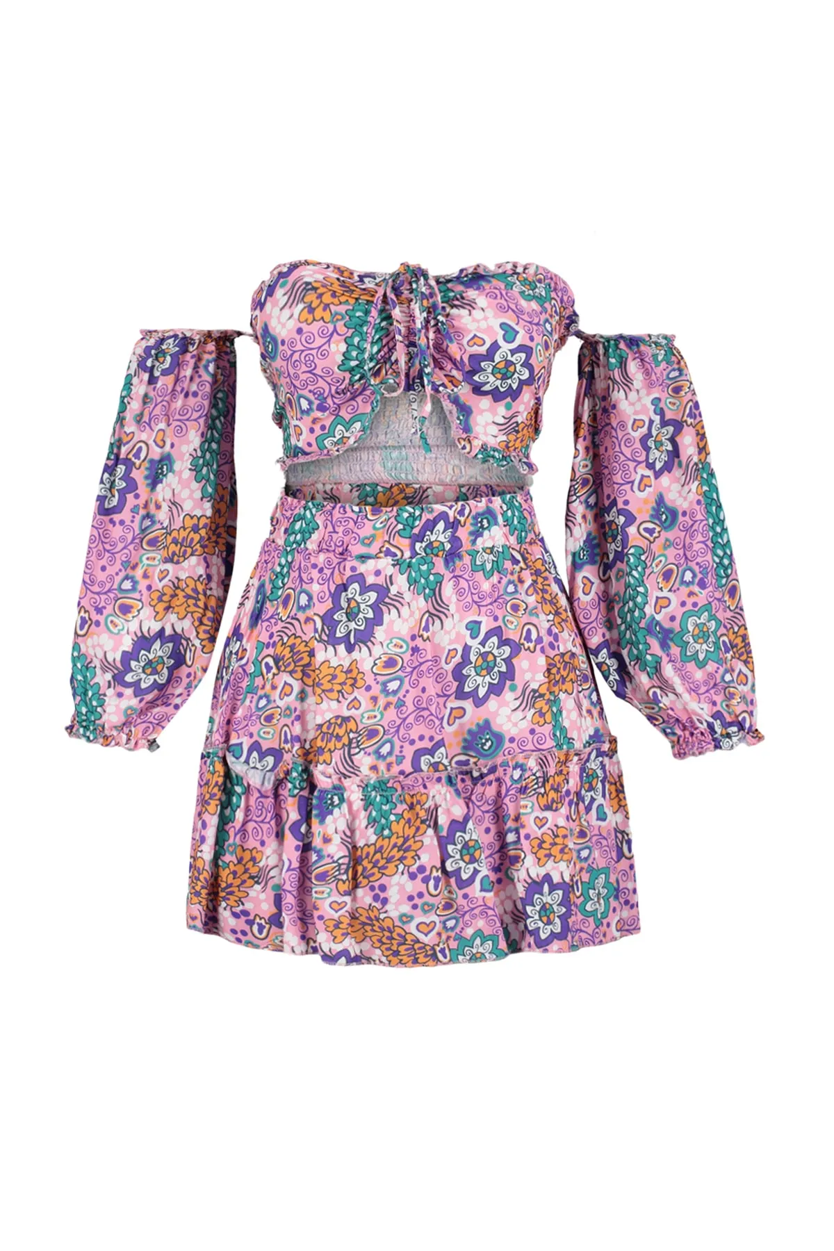 Trendyol Collection  Gewebtes Rüschenblusenrock-Set mit Blumenmuster TBESS21AU0539