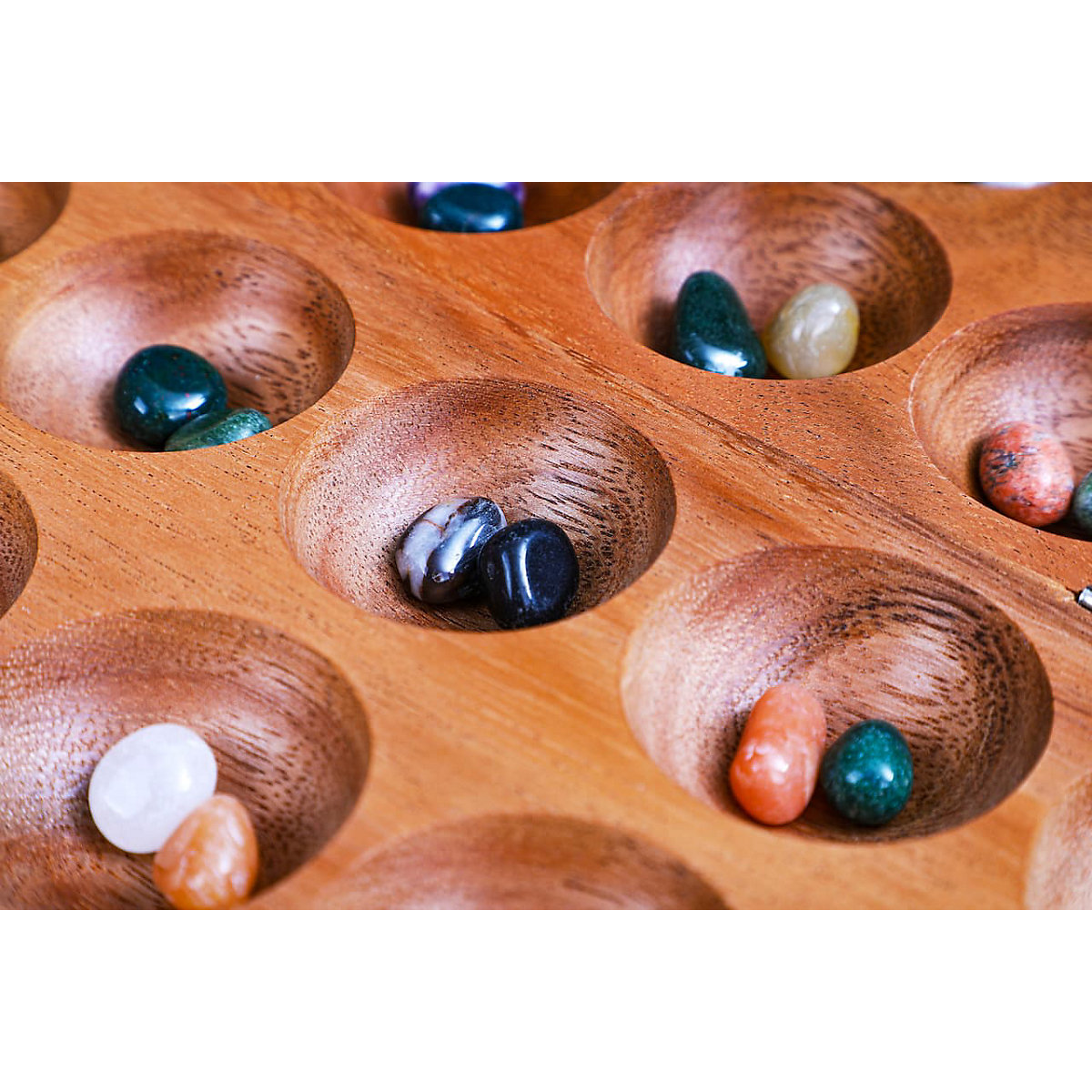 HUS BAO, Steinchenspiel, Bohnenspiel, Halbedelsteine, Mancala, Kalaha, Familienspiel, Gesellschaftsspiel aus Holz