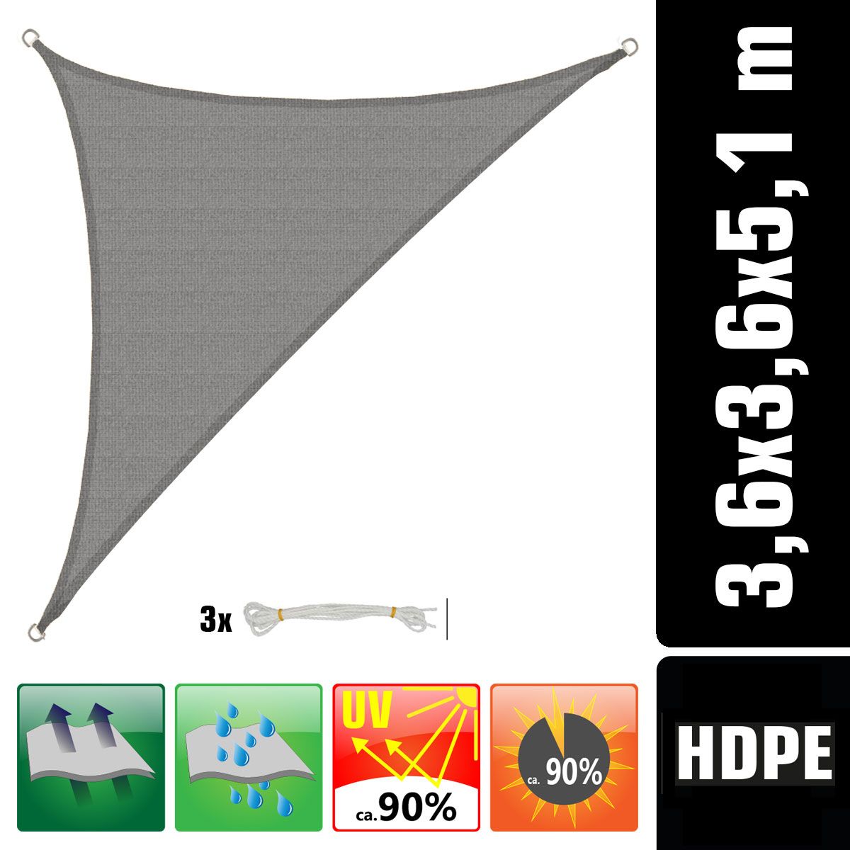 AMANKA 3,6 x 3,6 x 5,1 atmungsaktives UV Sonnensegel