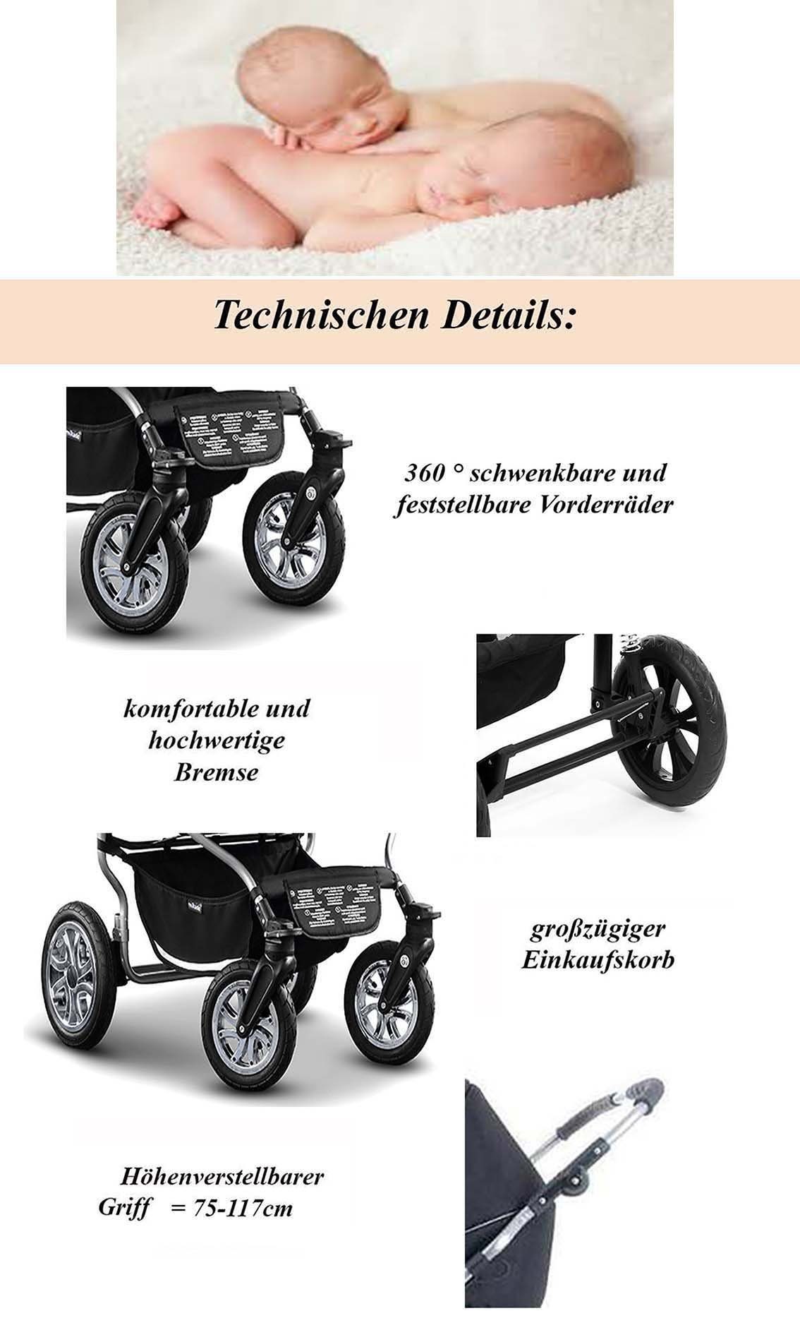 Elcar Zwillings-Kombikinderwagen Zwillingskinderwagen 2 in 1 Duet - 14 Teile - in 20 Farben