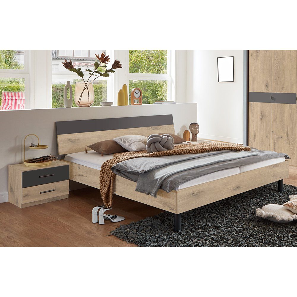 Lomadox Schlafzimmer-Set BRADFORD-43, (Spar-Set, 3-St), Bett 180x200cm, 2 Nachtschränke, Eiche mit graphit