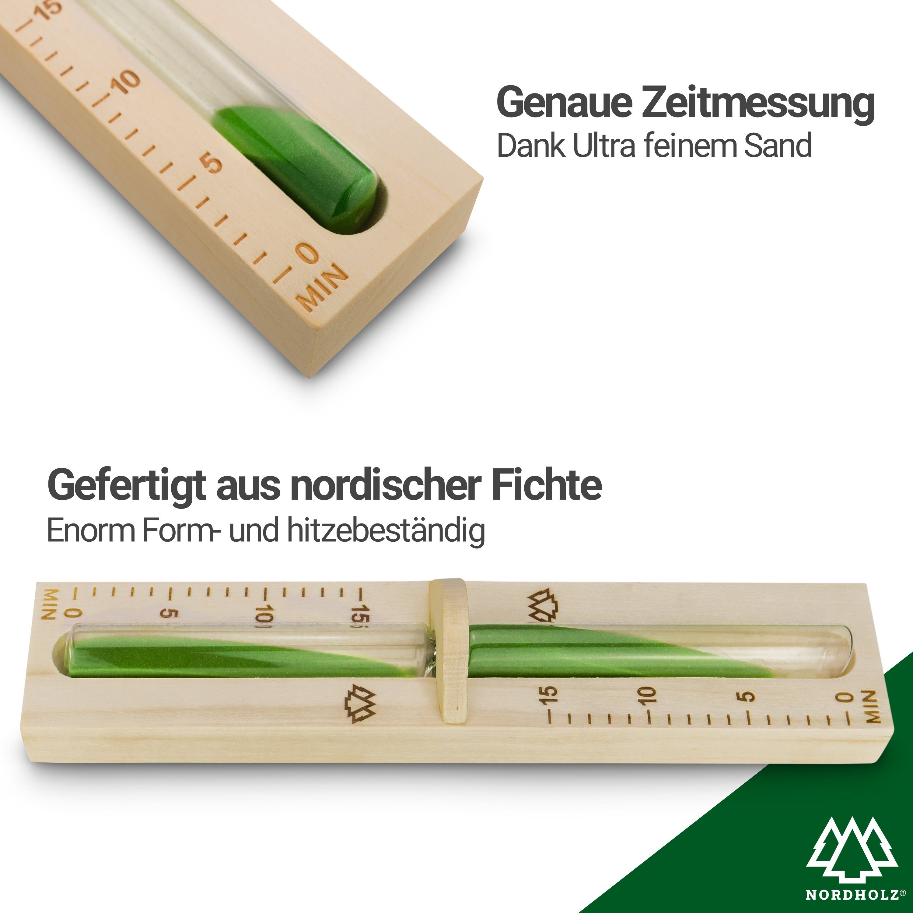 NORDHOLZ Sauna-Sanduhr Sauna Sanduhr 15 Minuten (Präzise Zeitmessung dank verfeinertem Sand)