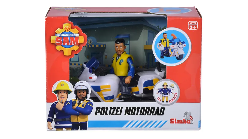Simba - Feuerwehrmann Sam - Polizei Motorrad inkl. Polizist Malcom Figur und Zubehör