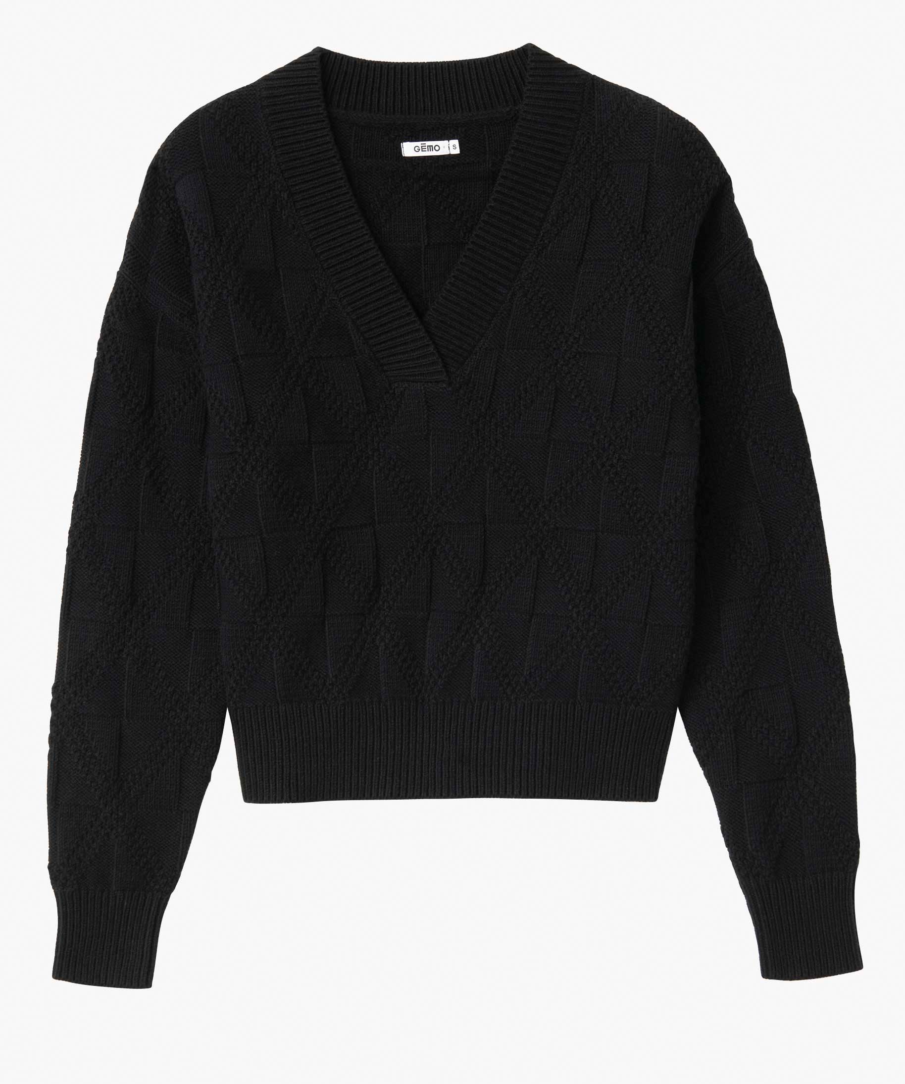 Pull femme court à col V en maille fantaisie noir | GEMO