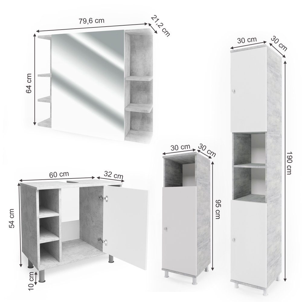 Vicco Badmöbel-Set Badezimmerset FYNN Beton Set 4, (4-er Set, 4-St., 4-er Set)