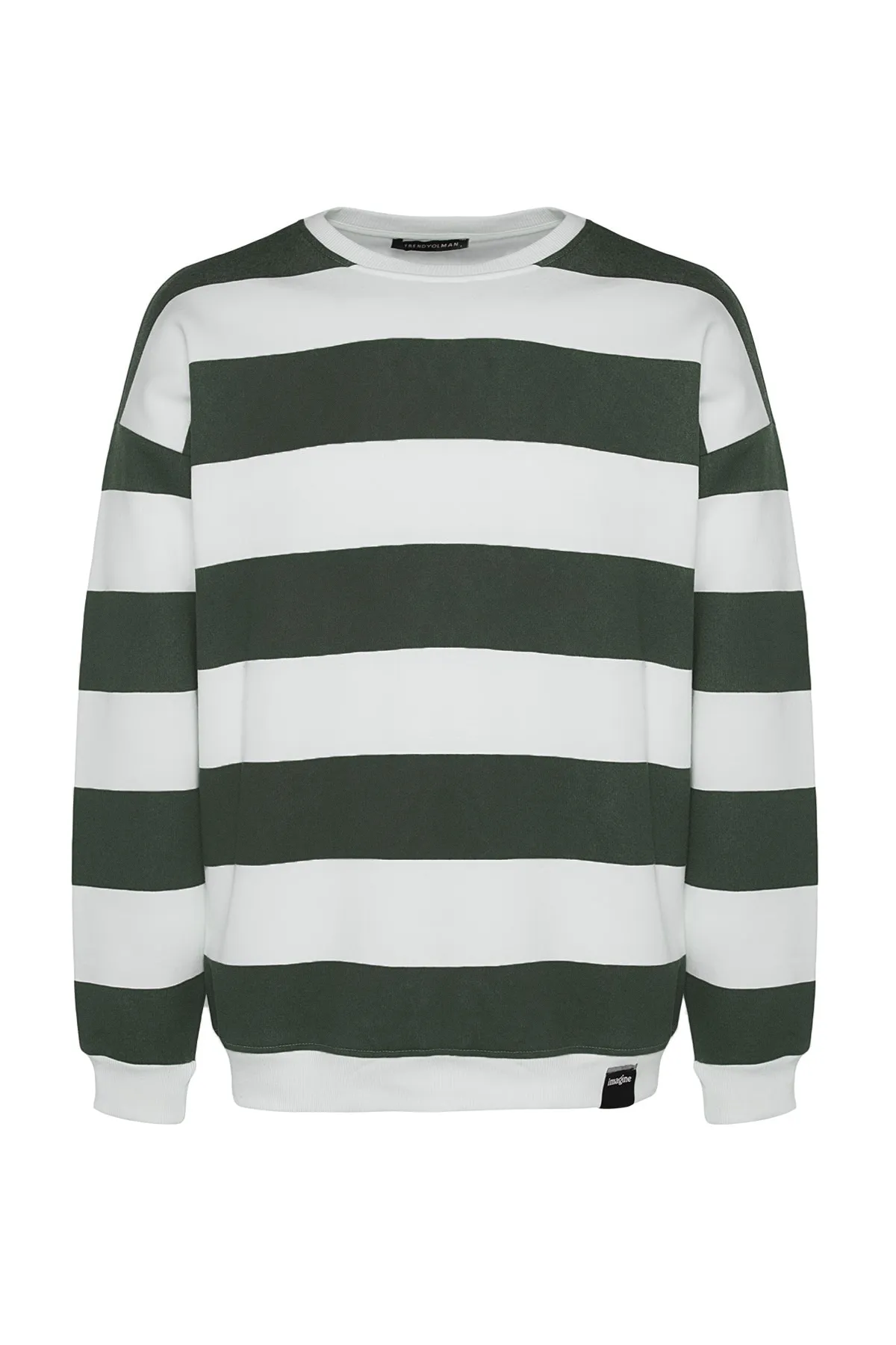 Trendyol Collection  Grünes Unisex-Sweatshirt aus Baumwolle in Übergröße/weitem Schnitt mit gestreiftem Fleece TMNAW24SW00098