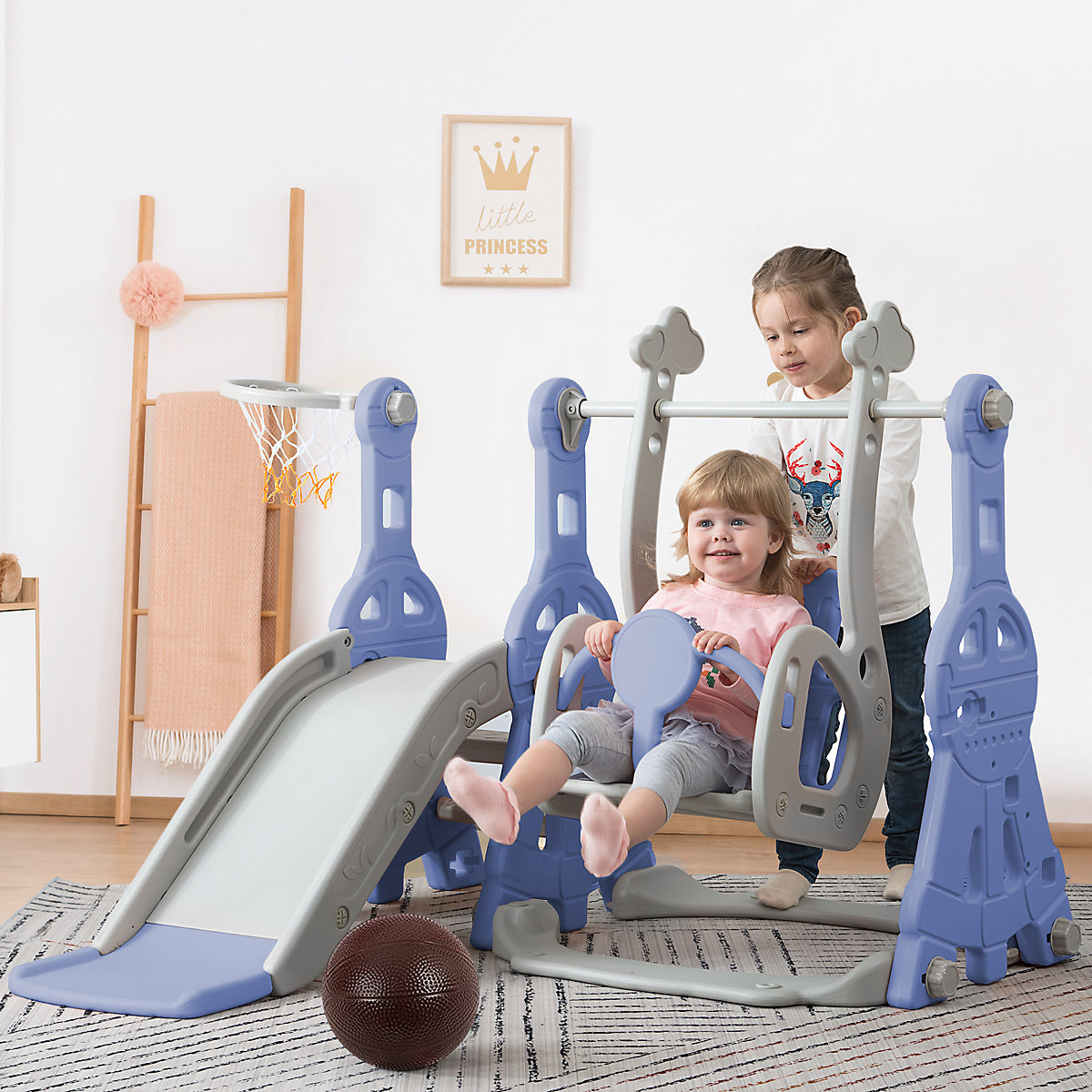 Rutsche 3 in 1 Kinderrutsche Spielplatz mit Schaukeln, Basketballkorb