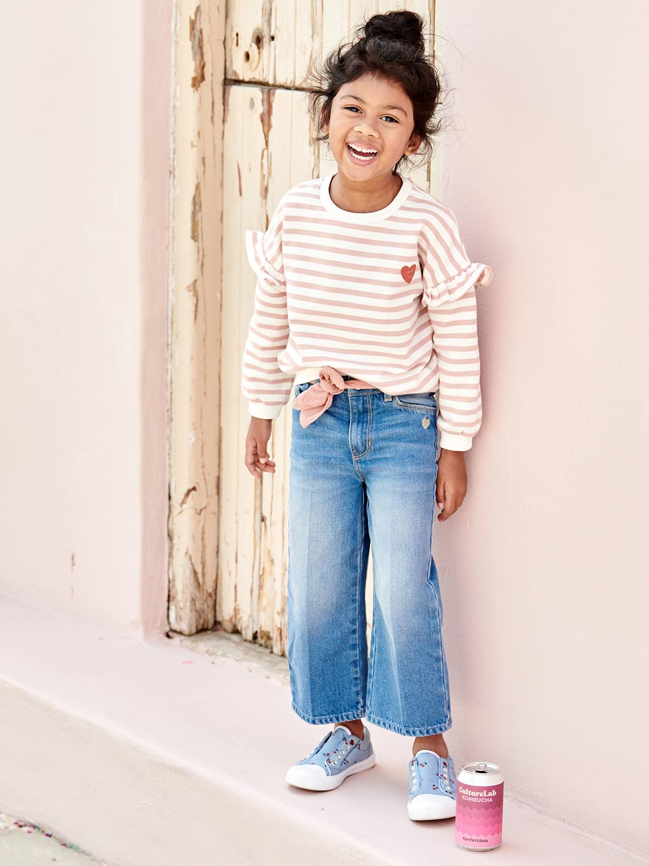 Vertbaudet Mädchen Ringel-Sweatshirt, Volantärmel Oeko-Tex - altrosa