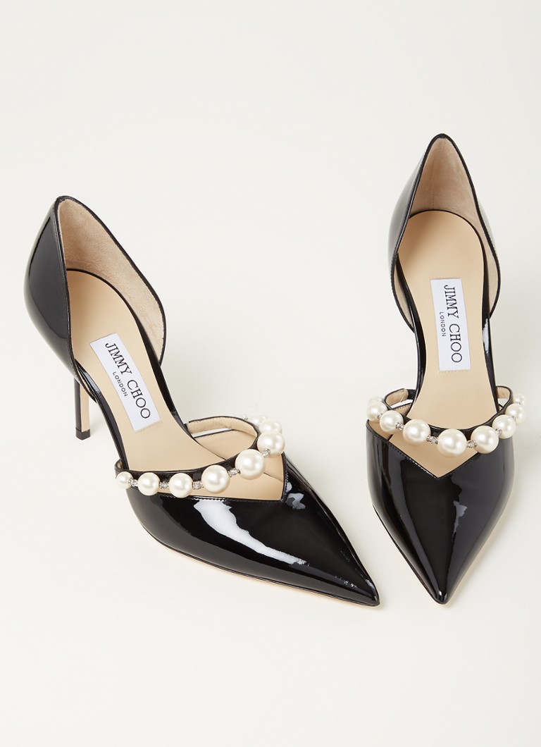 Sandale Jimmy Choo Aurelie din piele lăcuită, împodobite cu cristale.