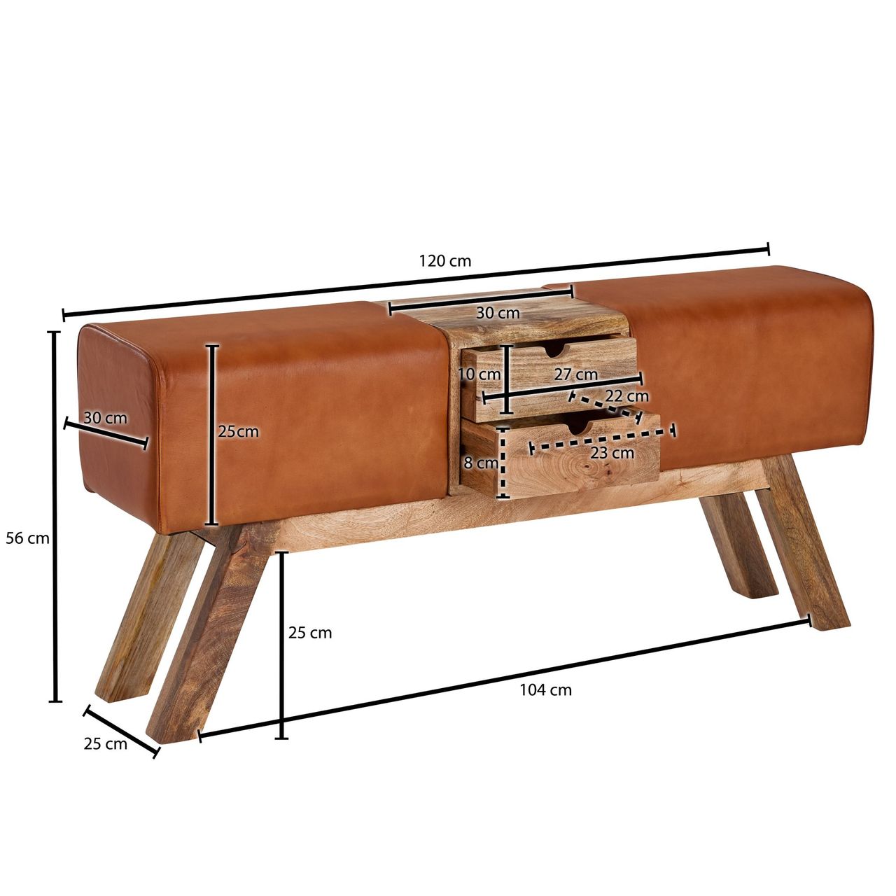 Wohnling Sitzbank 120x30x56 cm Holz / Leder Braun
