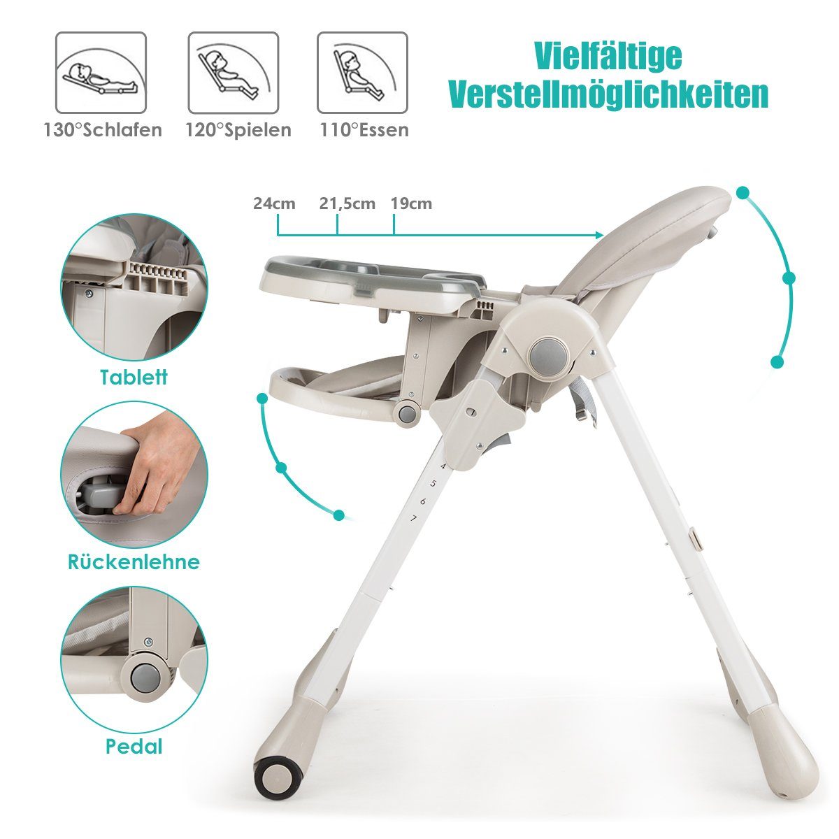 COSTWAY Kombihochstuhl Baby Stuhl, 6-stufig höheverstellbar