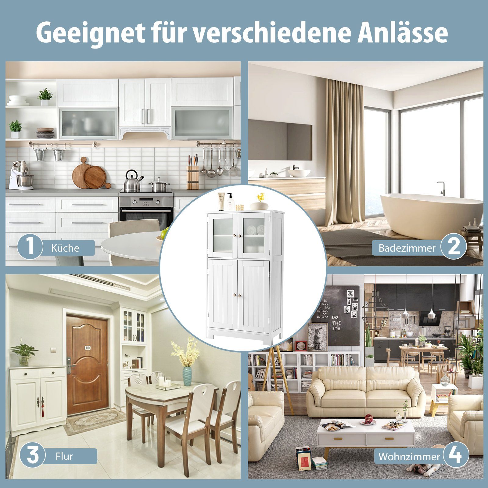 COSTWAY Mehrzweckschrank 4-türig, mit verstellbarem Regal, 58 x 30 x 109cm