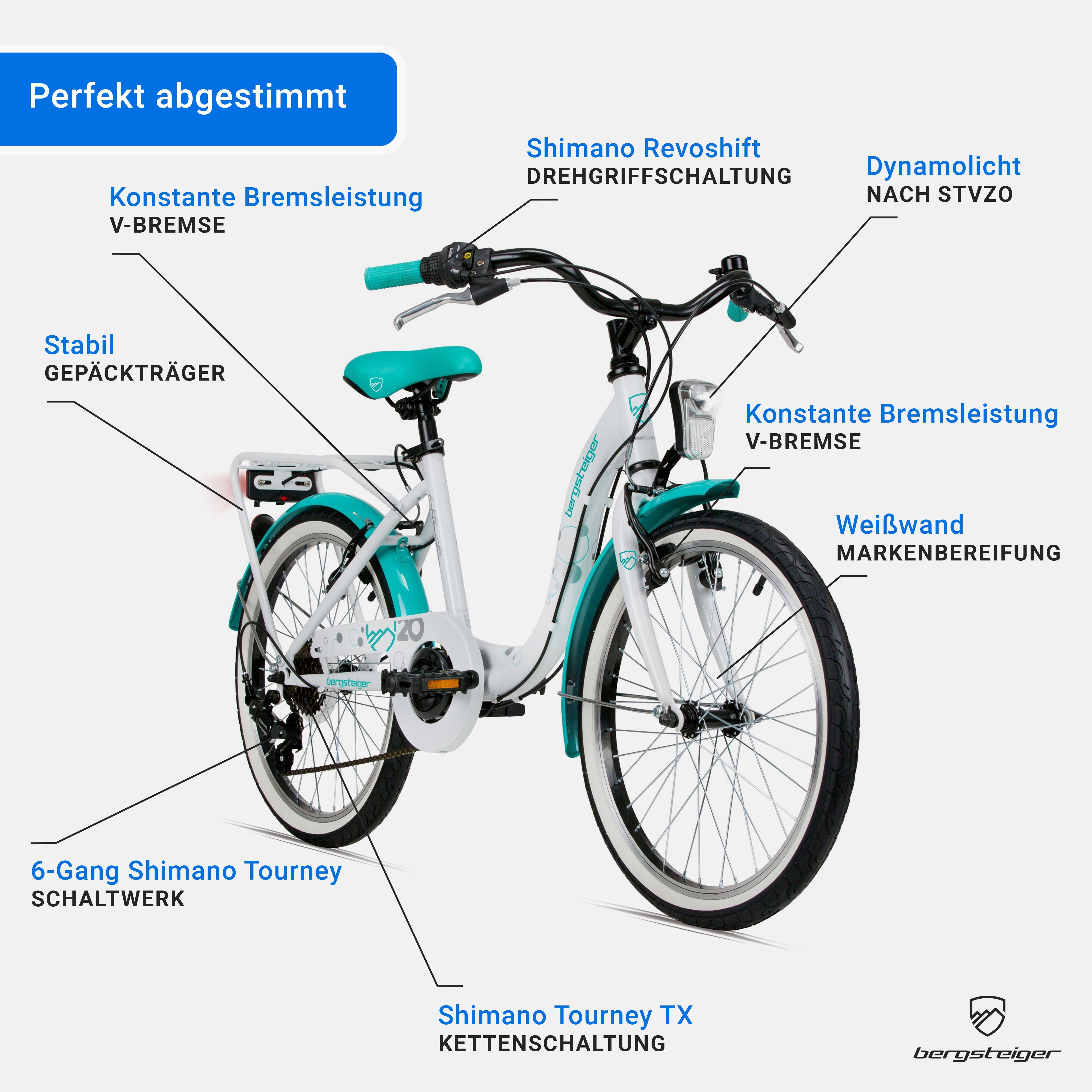 bergsteiger Kinderfahrrad Atlantis 20, 24 Zoll Kinderfahrrad, 6,7, 8, 9, 10, 11 Jahre, StVZO, 6 Gang Shimano Tourney RD-TY300 Schaltwerk, Kettenschaltung