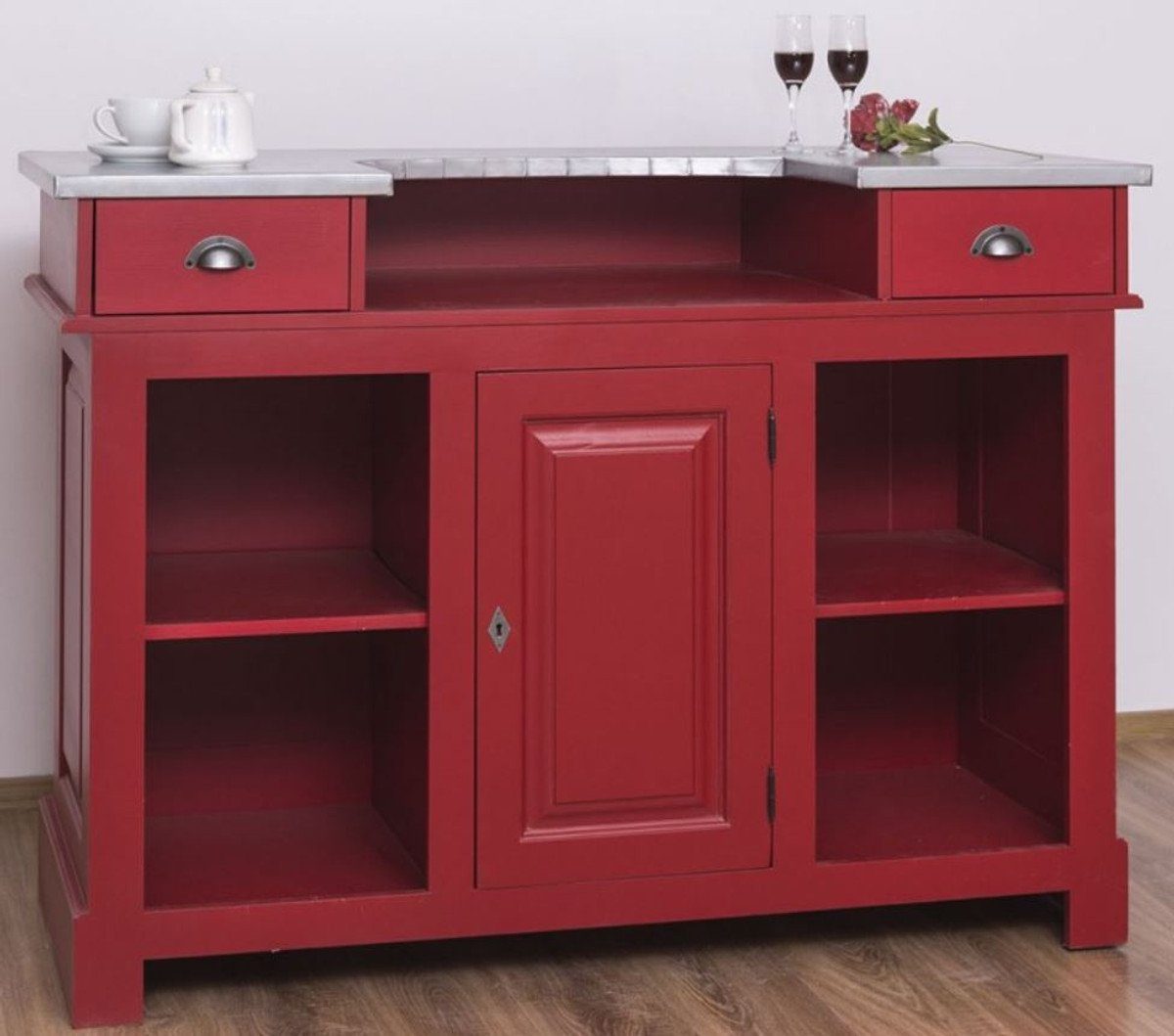 Casa Padrino Barschrank Landhausstil Theke Rot / Silber 150 x 65 x H. 107 cm - Massivholz Thekentisch mit verzinkter Tischplatte - Barmöbel im Landhausstil