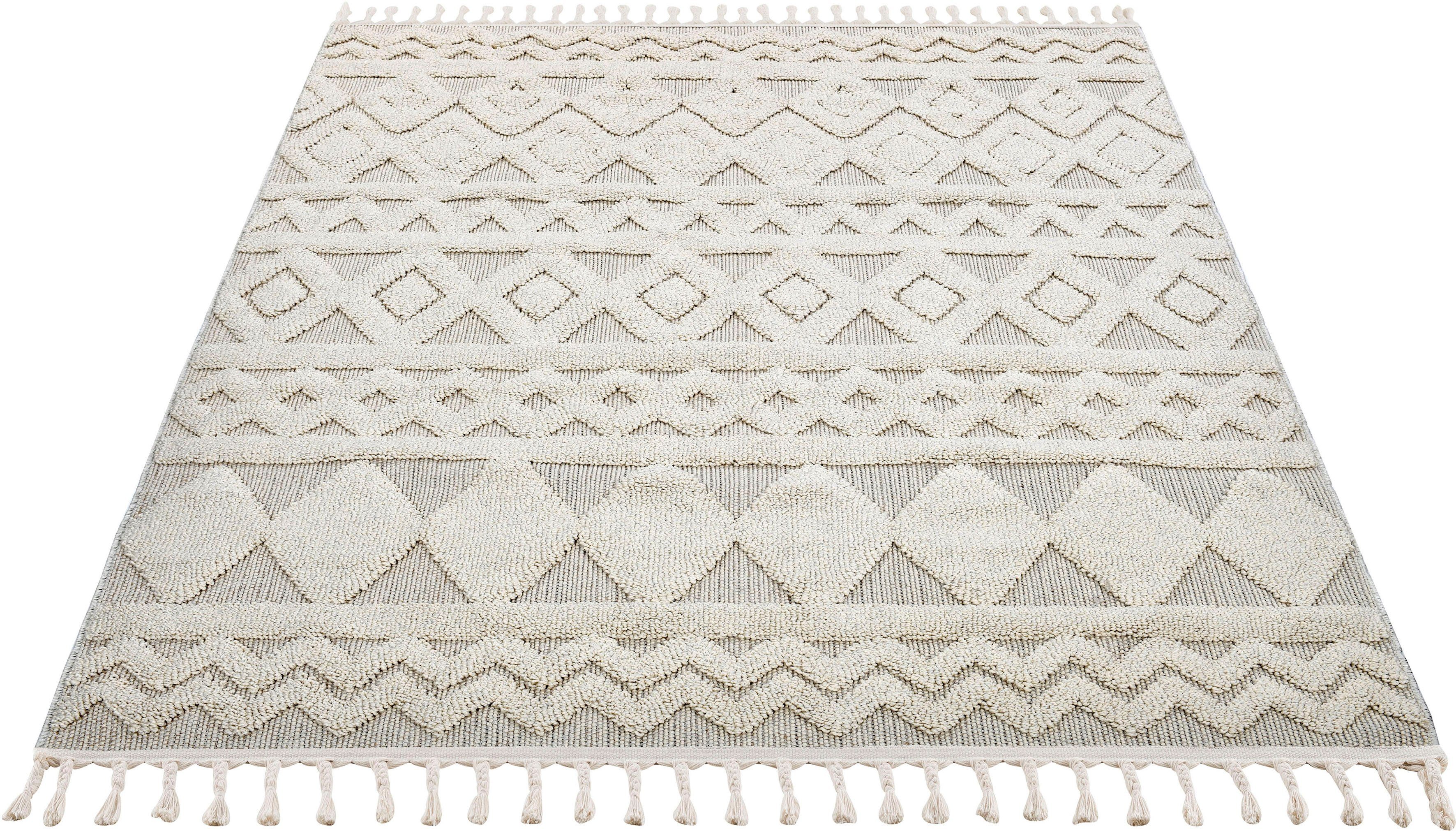 Teppich Duncan, Home affaire, rechteckig, Höhe: 18 mm, Hoch-Tief-Struktur, Woll-Look, Boho, mit Fransen