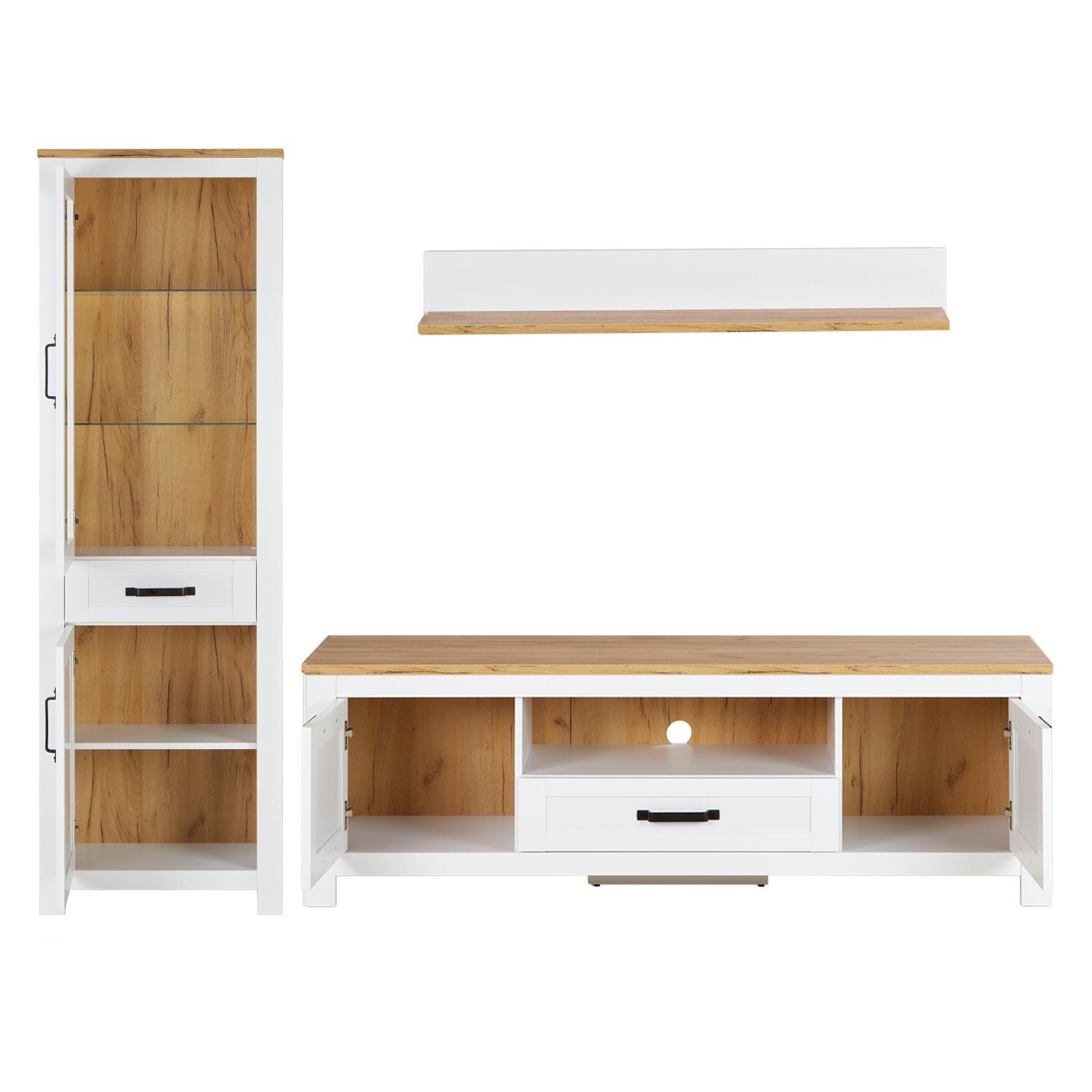Homestyle4u Wohnwand Anbauwand Schrank Set 3 tlg. Weiß Eiche, (3-St)