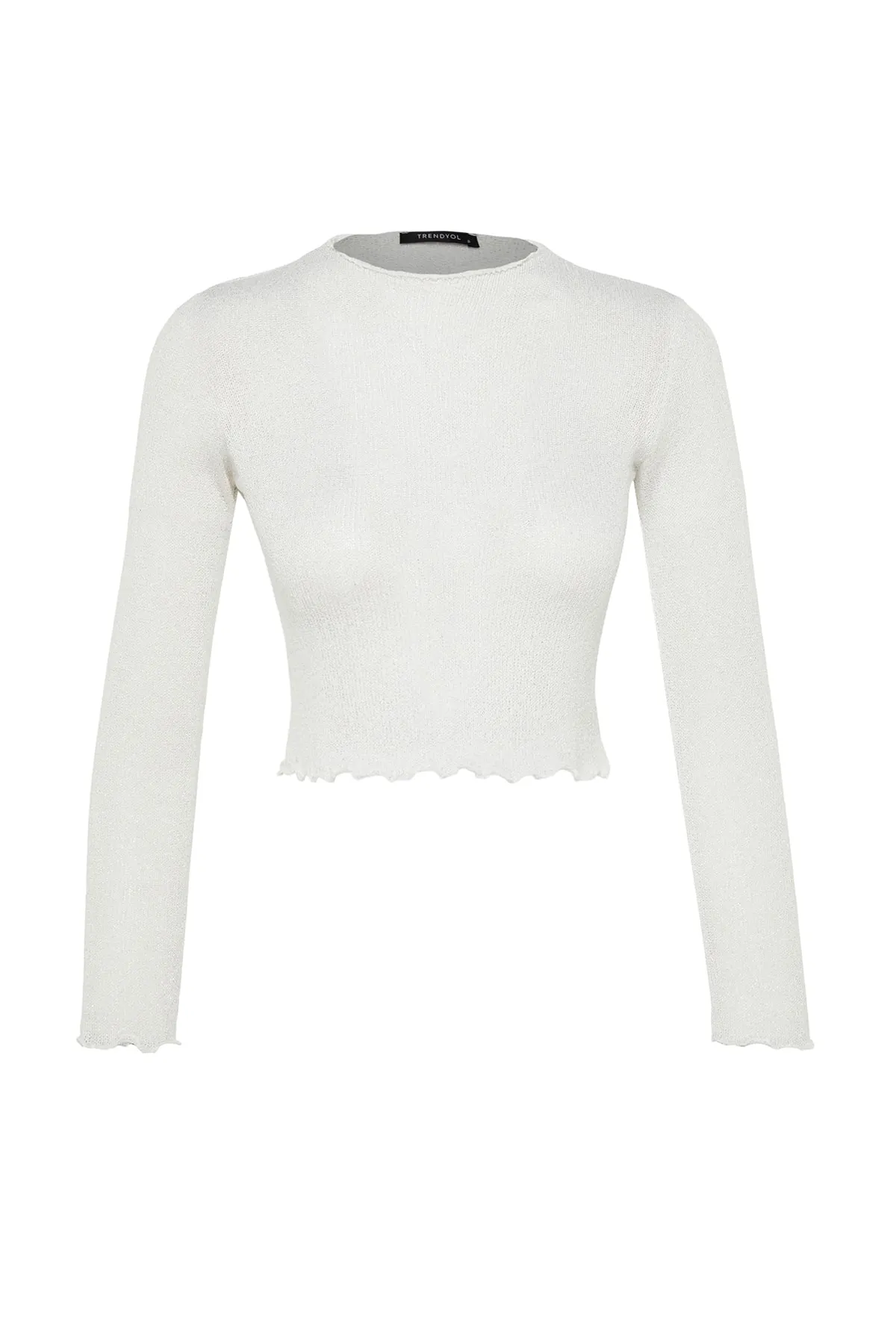Trendyol Collection  Ecru-Lurex-Strickbluse mit hohem Kragen und kurzem Schnitt im Strick-Look TWOAW24BZ00096