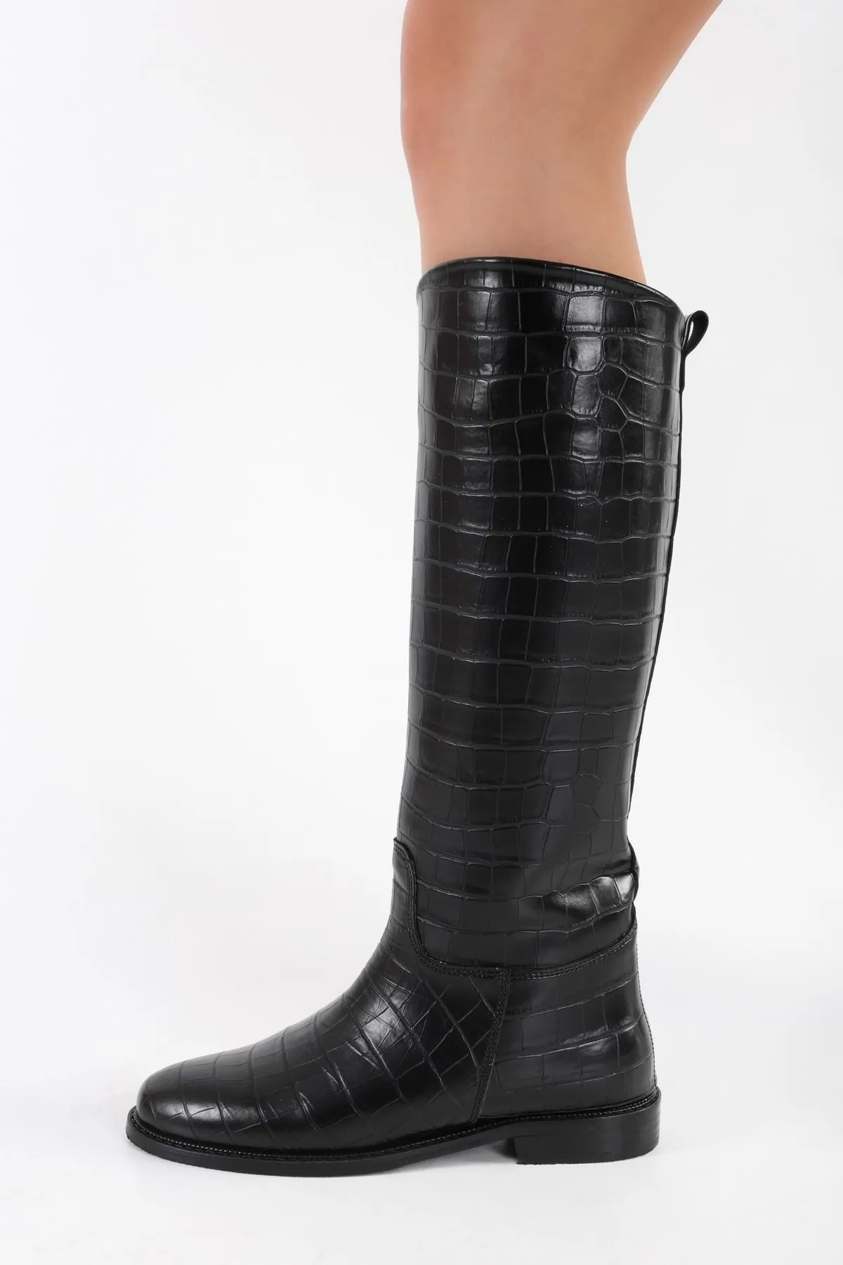 Shoeberry  Damen Matia Black Crocodile Rider Lange Stiefel