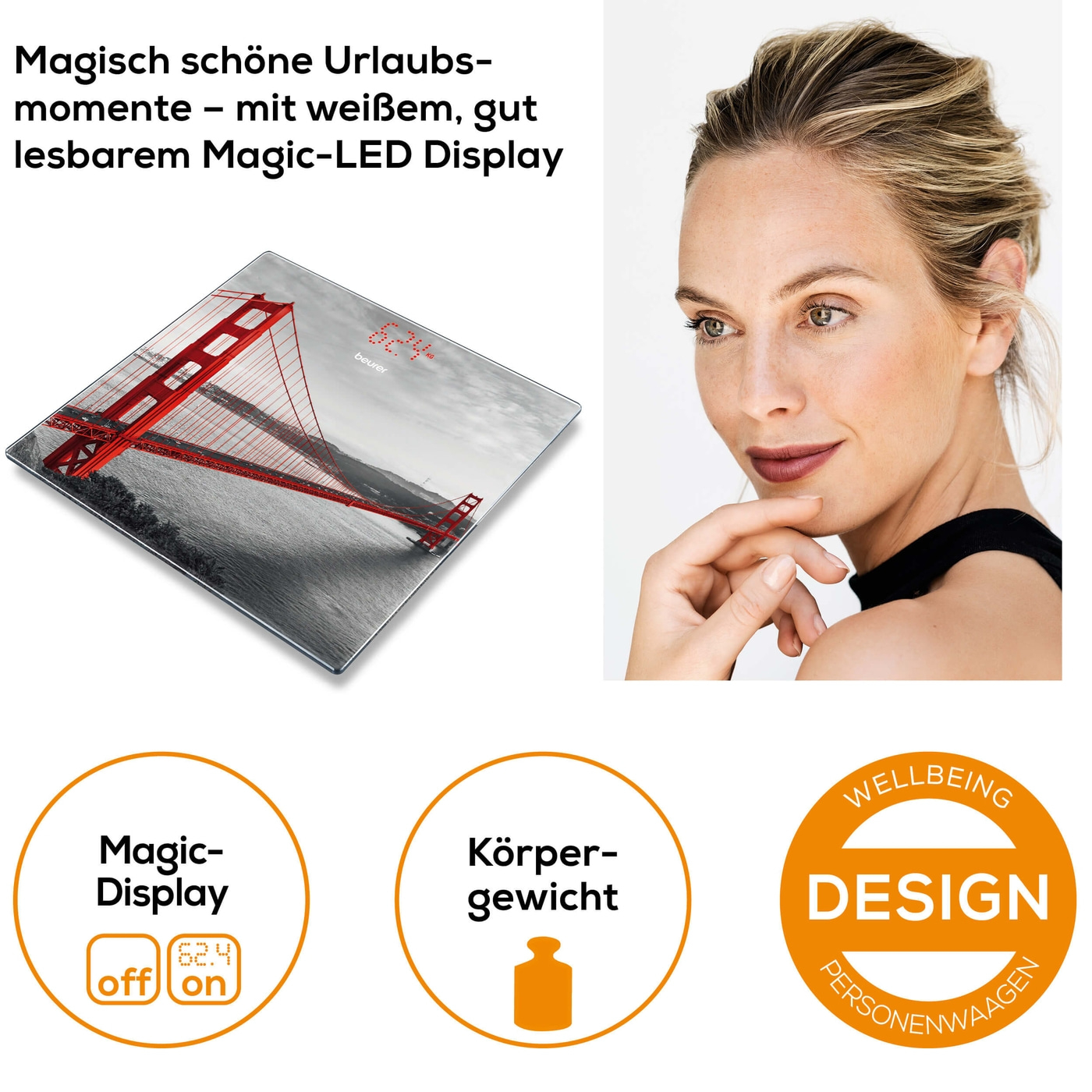 Beurer San Francisco Glaswaage GS 215-Personenwaage aus Glas mit unsichtbarem Magic-Display - bis 180 kg