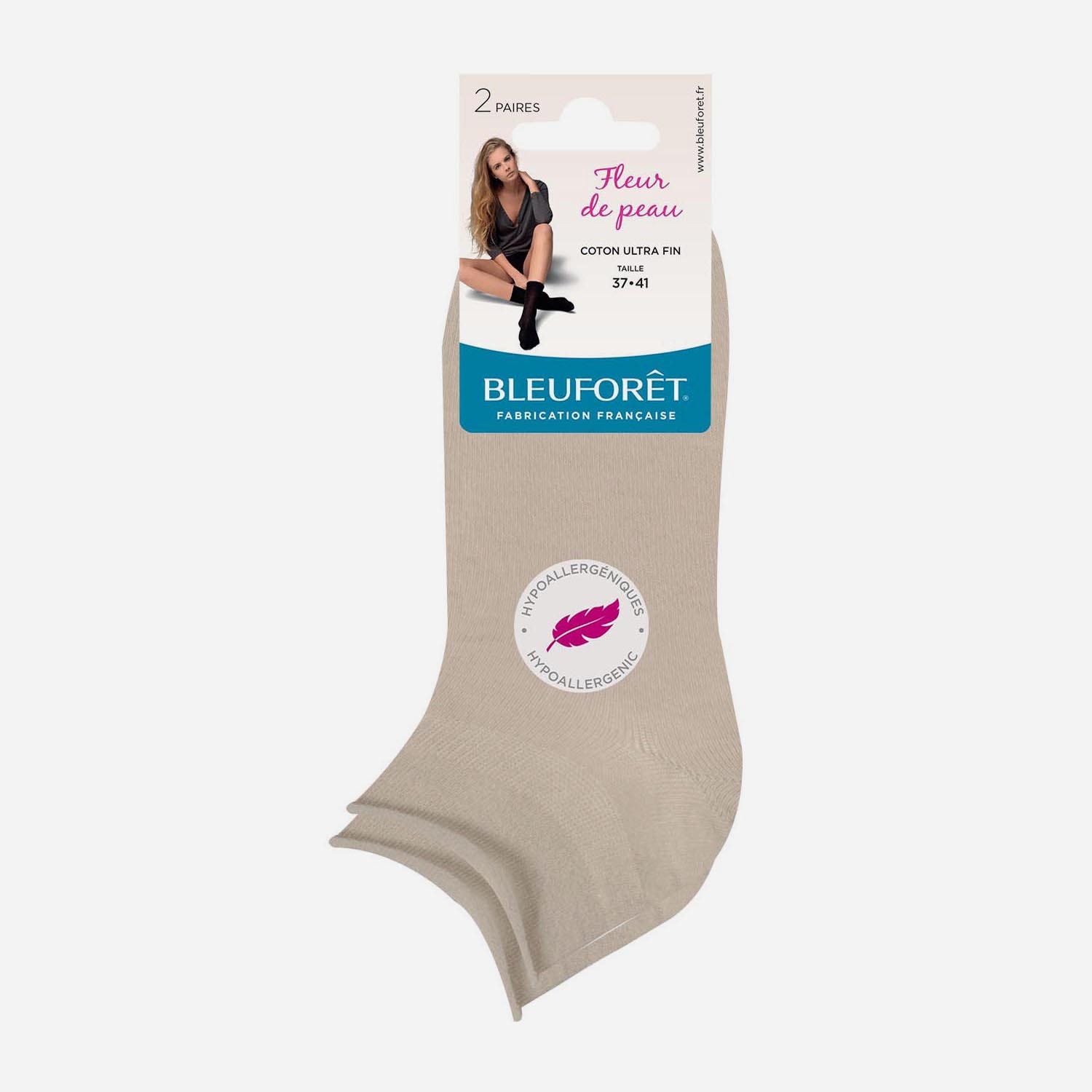 2 paires de chaussettes courtes BLEU FORET beiges Fleur de peau pointure 37-41