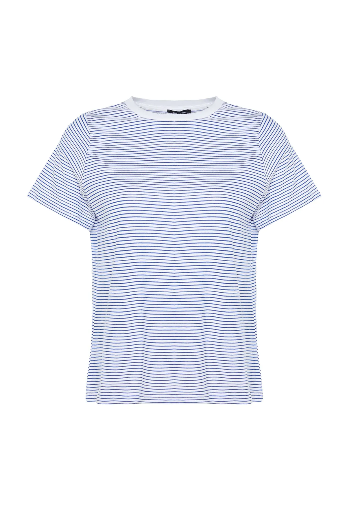 Trendyol Curve  Marineblaues, gestreiftes, gestreiftes Strick-T-Shirt mit Rundhalsausschnitt TBBSS23BF00068