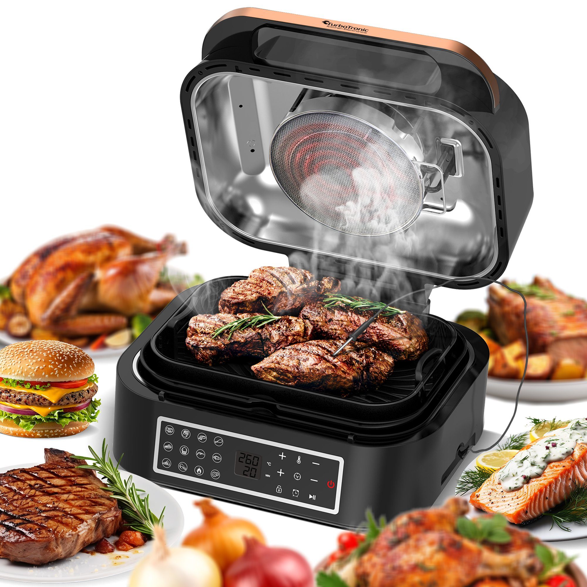 TurboTronic by Z-Line Heißluftfritteuse bis 260°C Food Grill mit digitalem Temperaturfühler 6,5 L Volumen, 1800 W, Tischgrill mit Crisper Plate Steakgrill