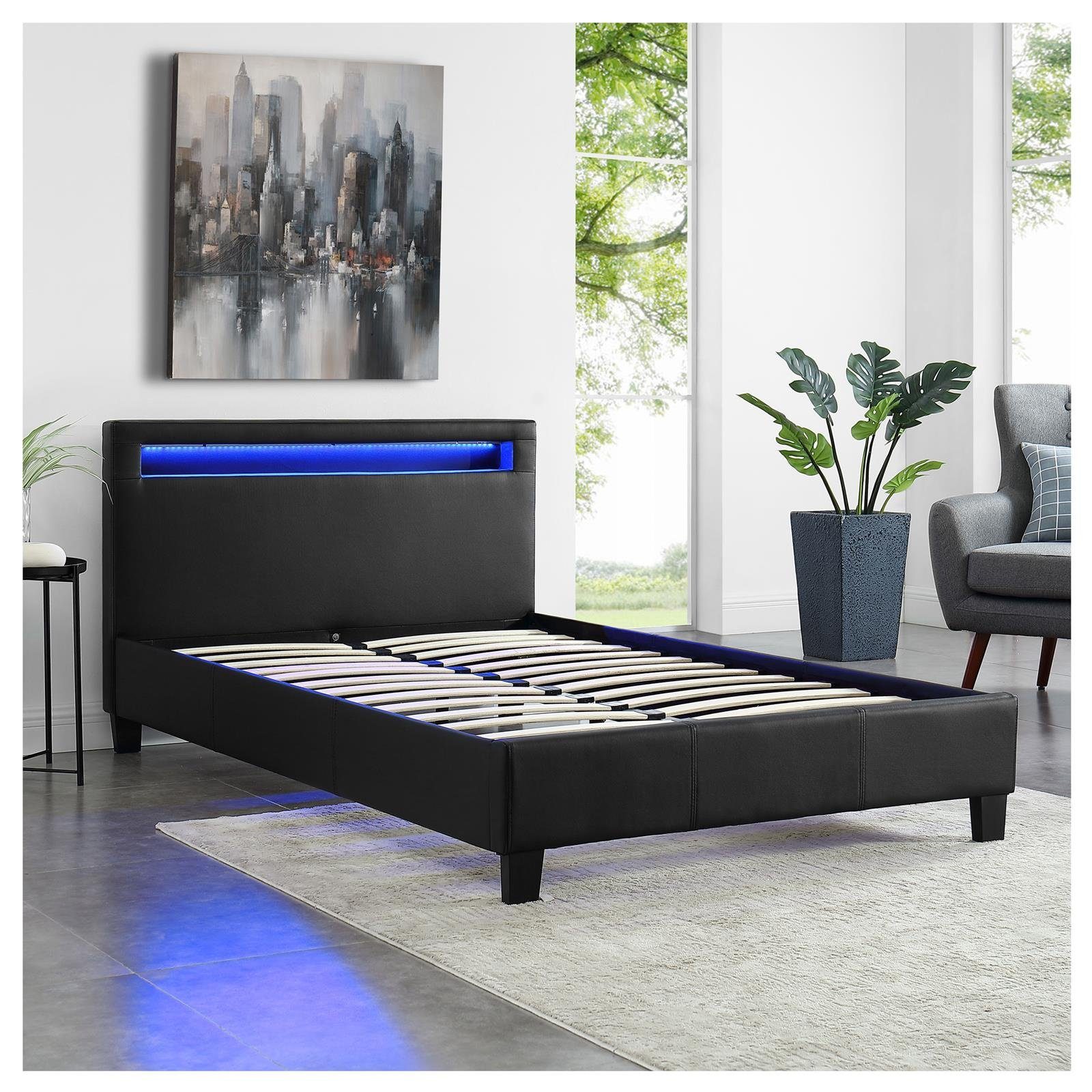 CARO-Möbel Polsterbett MIRASOL, Polsterbett Einzelbett Doppelbett Jugendbett mit LED 120 x 200 cm schw