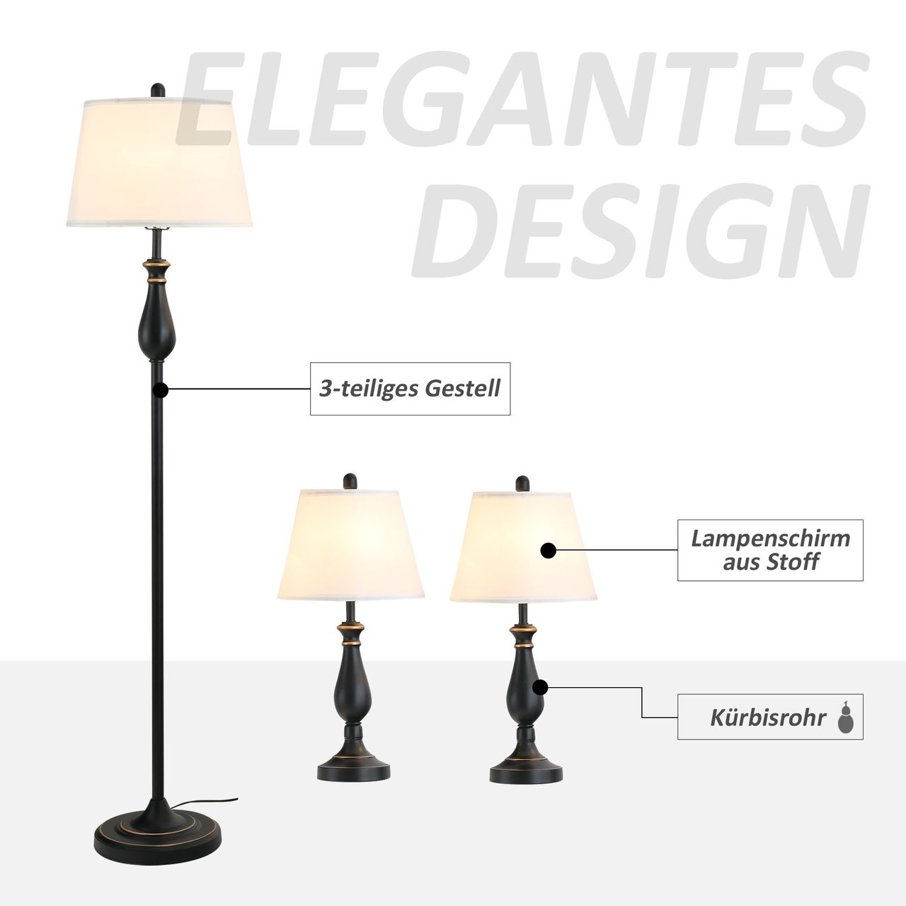HOMCOM 3er-Lampenset 2 Tischlampe(ø30 x 62H cm)   1 Stehlampe(ø38 x 158H cm) Vintage, Schwarz Weiß, Metall, PS, Polyester, Baumwolle E27 Lampensockel