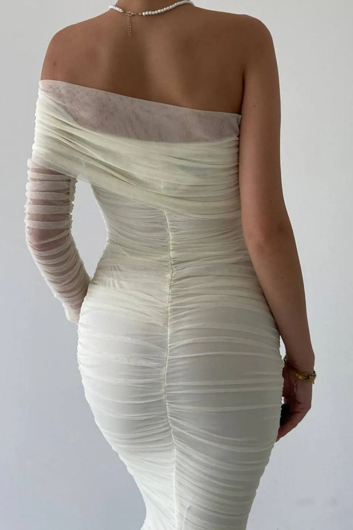 bayansepeti  Gefütterter Tüllstoff mit Einzelärmeln, schmale Passform, Midi-Länge, weißes Bleistiftkleid, Verlobungskleid 109