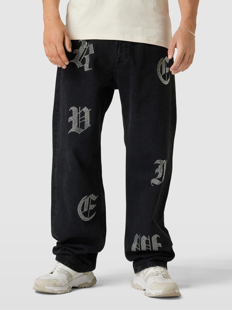Baggy Fit Jeans mit Strasssteinbesatz in schwarz