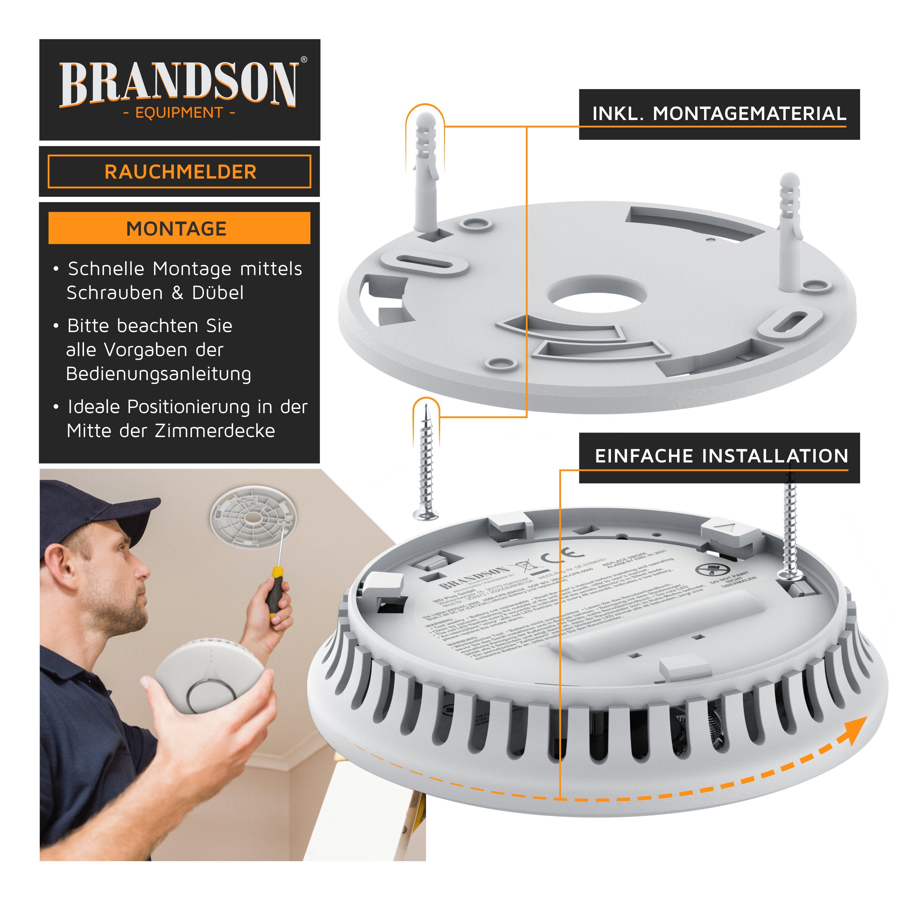 Brandson Rauchmelder (10 Jahre Batterie, 85 dBA, LED Indikator, N14604:2005/AC: 2008 konform)
