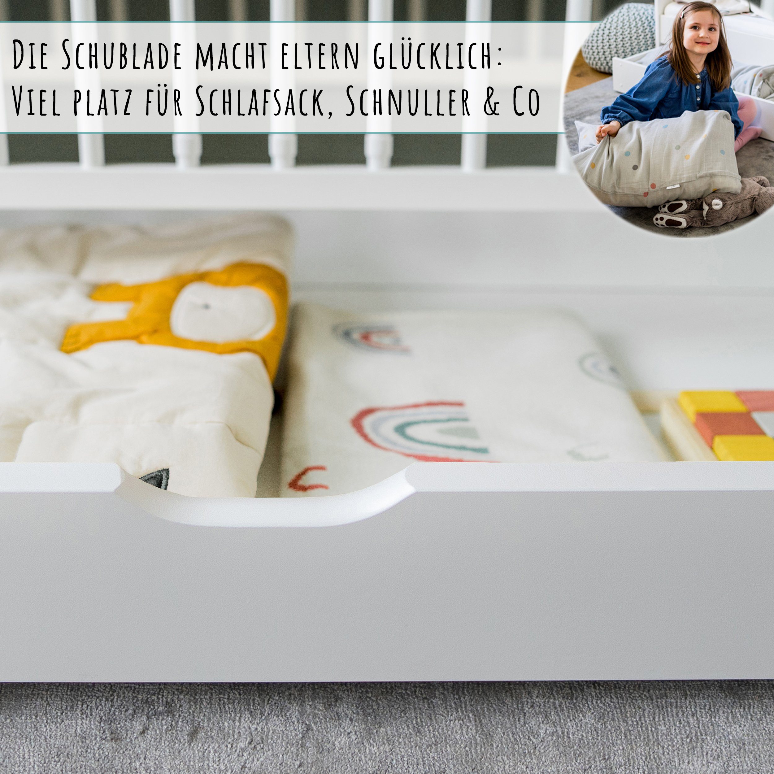 Kids Collective Babybett 60x120 cm Beistellbett Kinderbett und Hausbett, mit Schublade, vielfältig umbaubar zu Juniorbett, Kiefernholz, optional mit Matratze