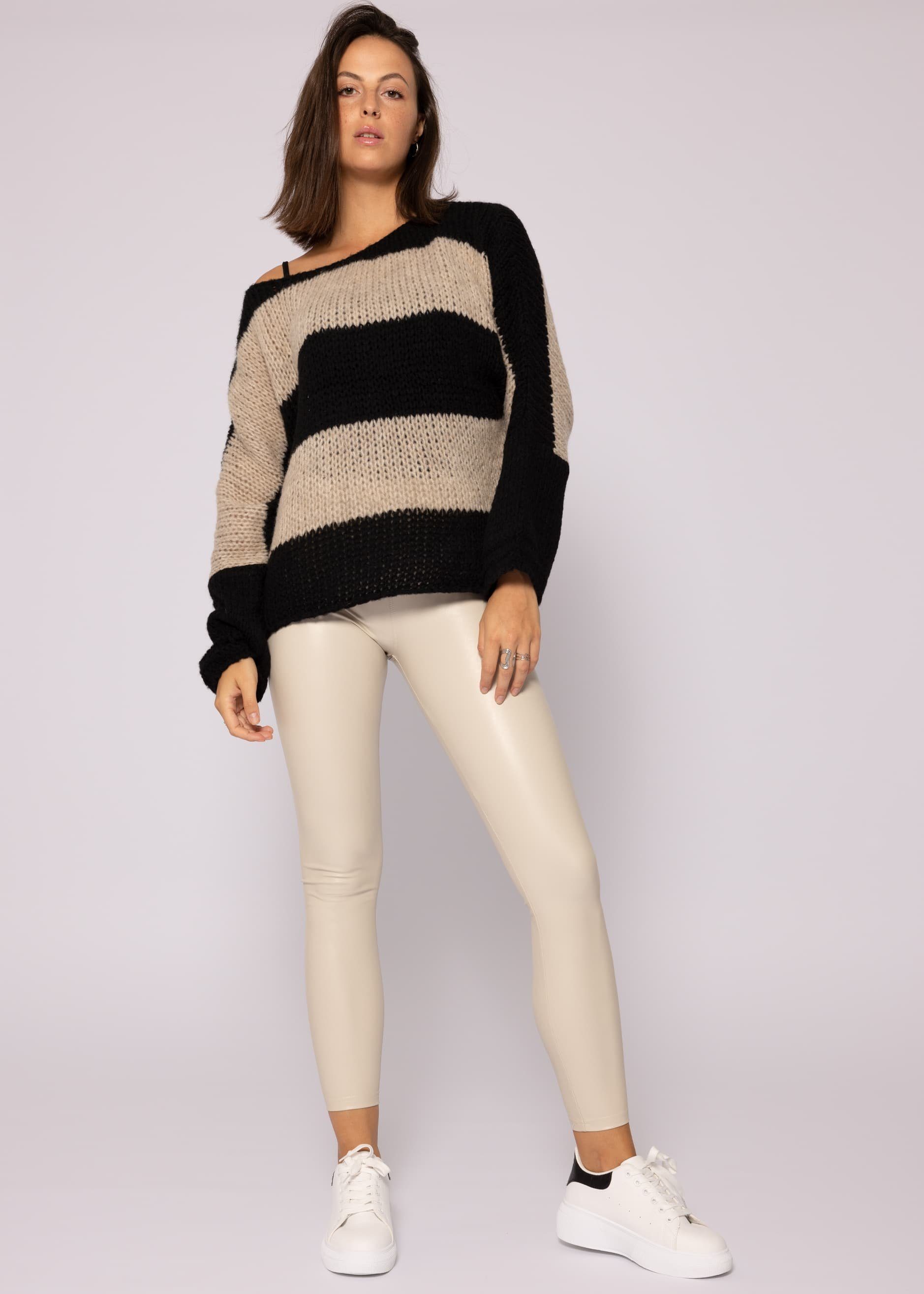 SASSYCLASSY Strickpullover Oversize Pullover Damen aus weichem Grobstrick Lässiger Strickpullover lang mit Streifen, Made in Italy