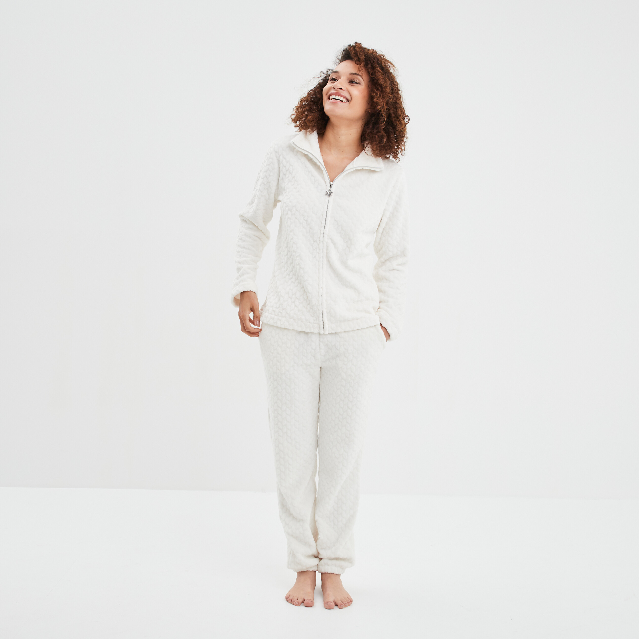 Veste pyjama pilou zippée col montant blanc femme | La Halle