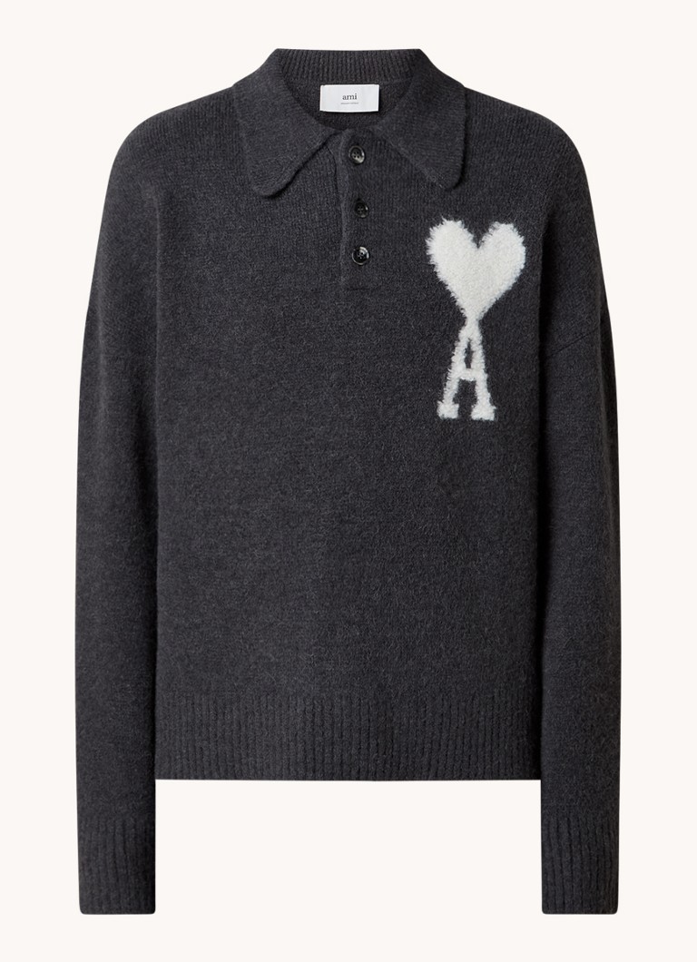 AMI Paris Chunky knit sweater in alpaca wool blend with polo collar and knitted logo
