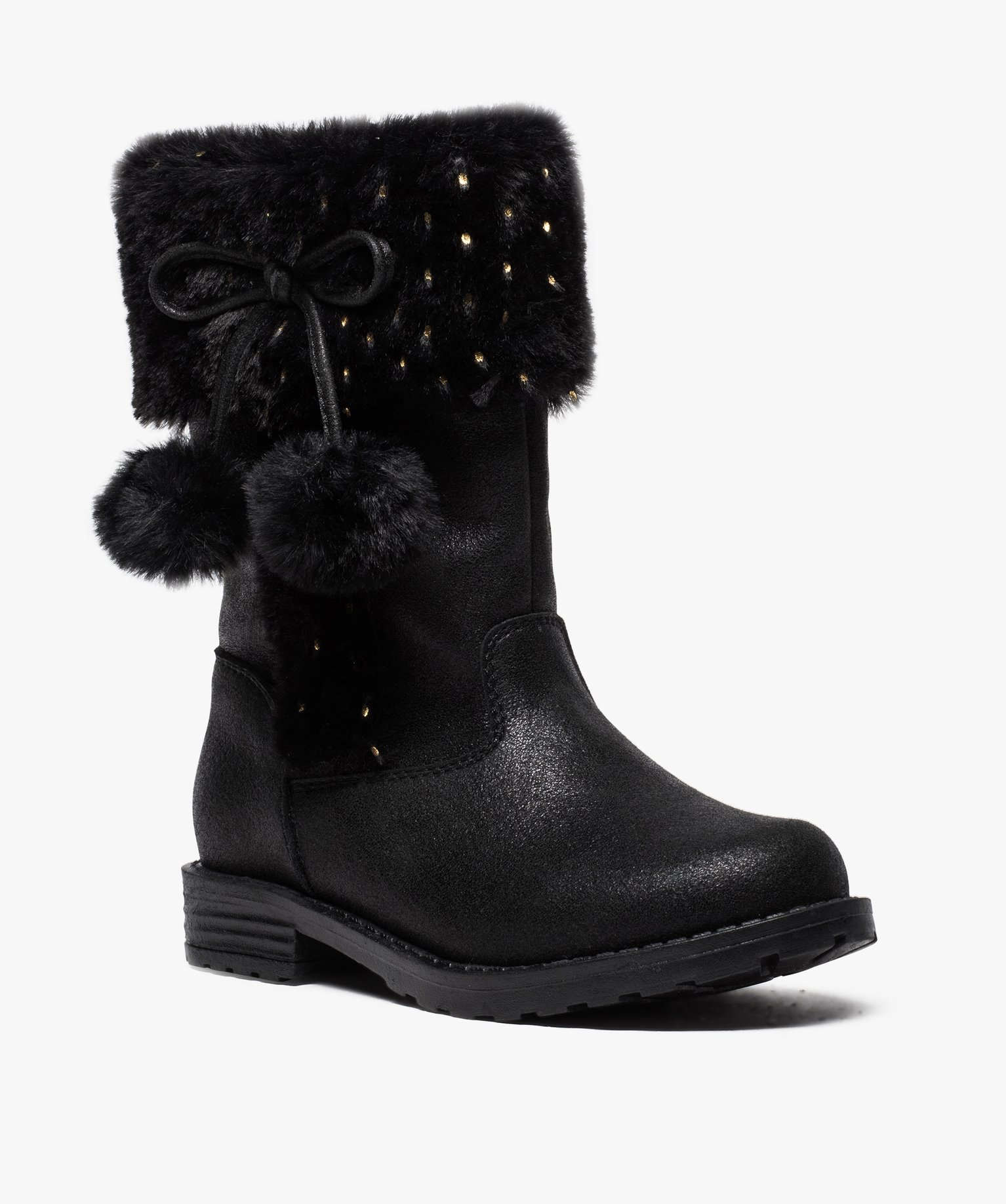 Bottines filles zippées à col duveteux et pompons noir | GEMO