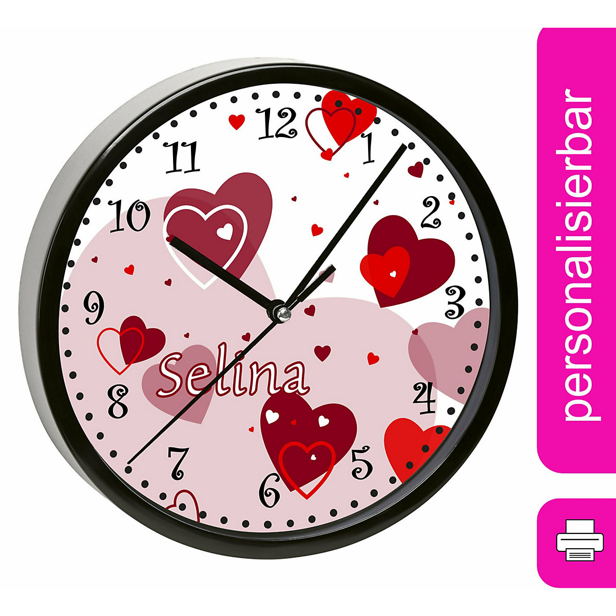 Kinder Wanduhr personalisiert mit Name Herz Rot