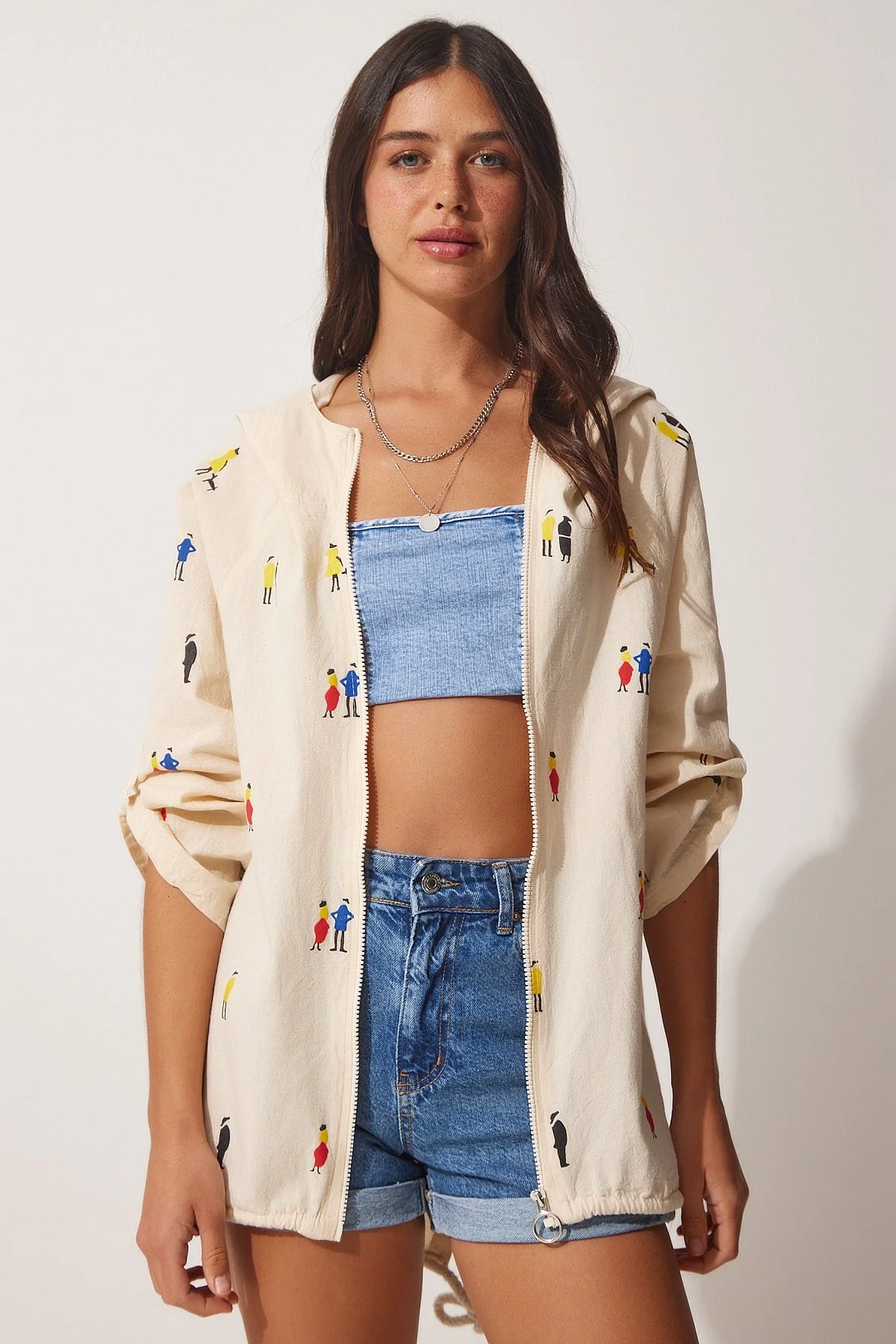 Happiness İstanbul  Cremefarbene bedruckte Jacke aus Rohleinen mit Kapuze für Damen SA00014