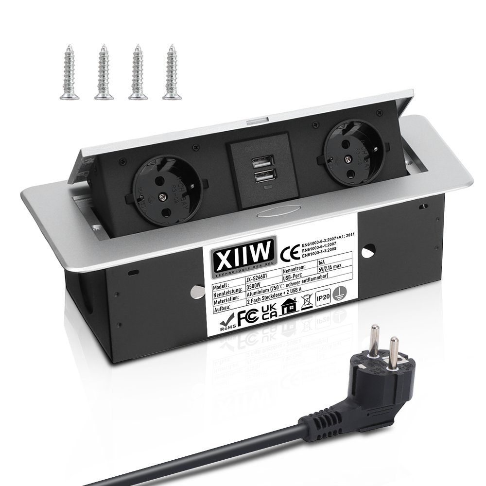 XERSEK 1.8m Kabel +Netzteil Versenkbar Einbausteckdose Tischsteckdose mit USB Einbau-Tischsteckdose (2Fach +2USB, 3500W/16A Tischplatte, Bodensteckdose), Aluminium Steckdosenleiste für Möbel, Büro, Küche