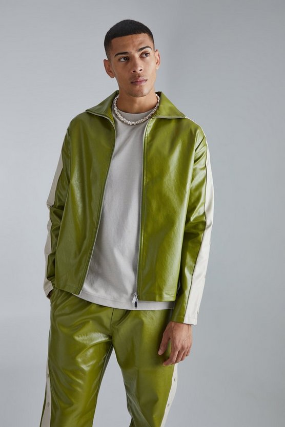 PU-Jacke mit Trichterkragen und Druckknöpfen