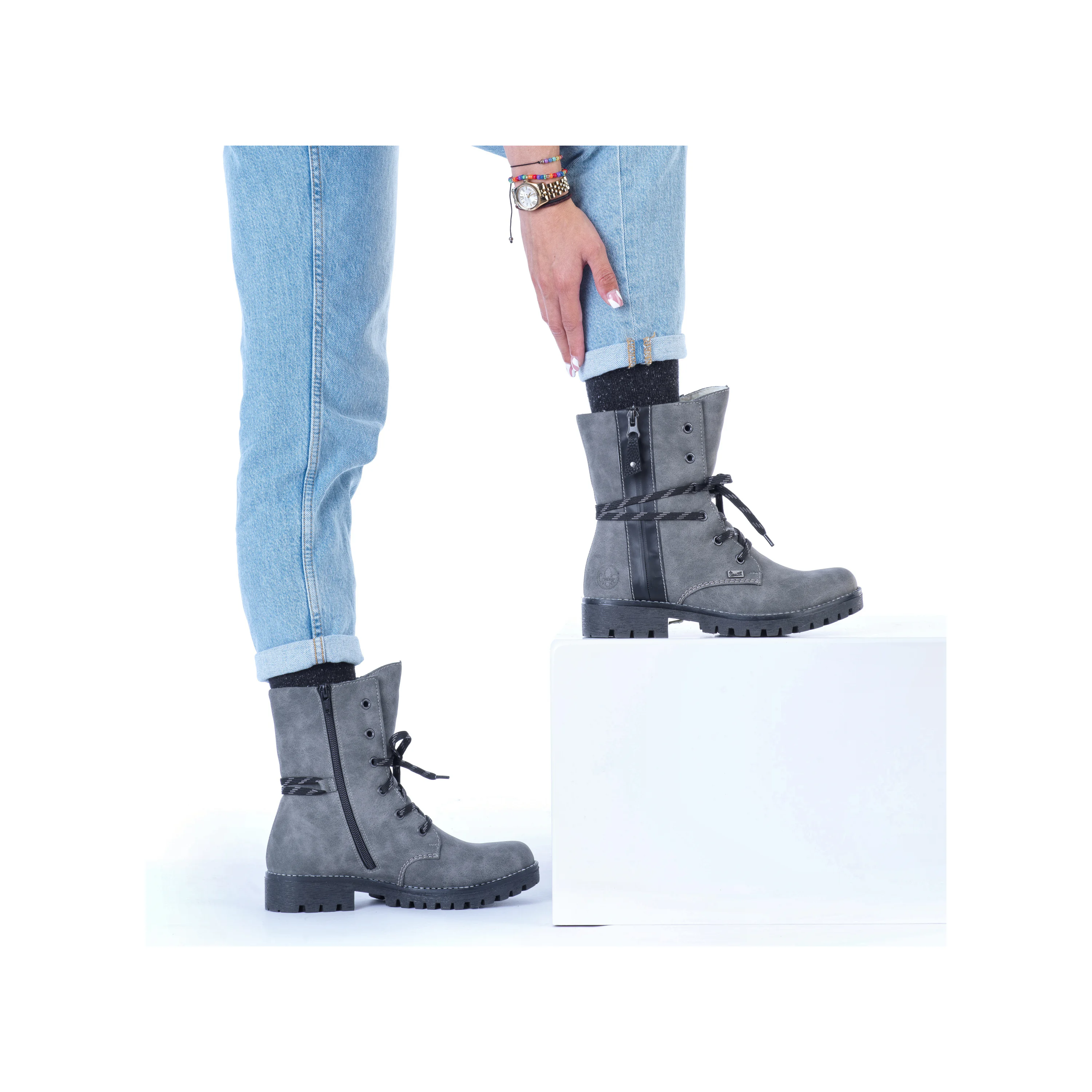 Rieker Damen Schnürstiefel mondgrau