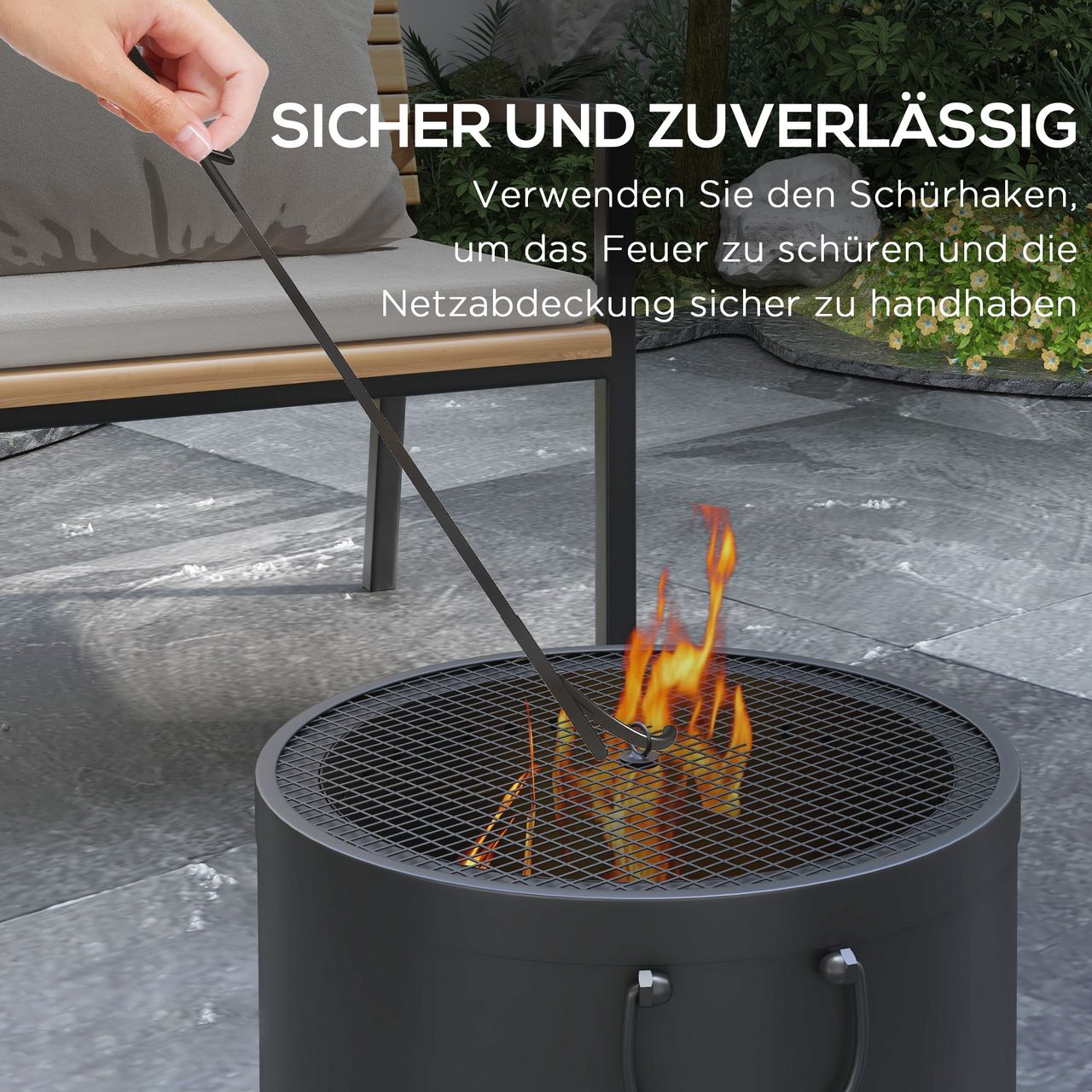 Outsunny Feuerstelle Ø38cm Rauchfrei Holzfeuerschale mit Schürhaken Funkenschutz
