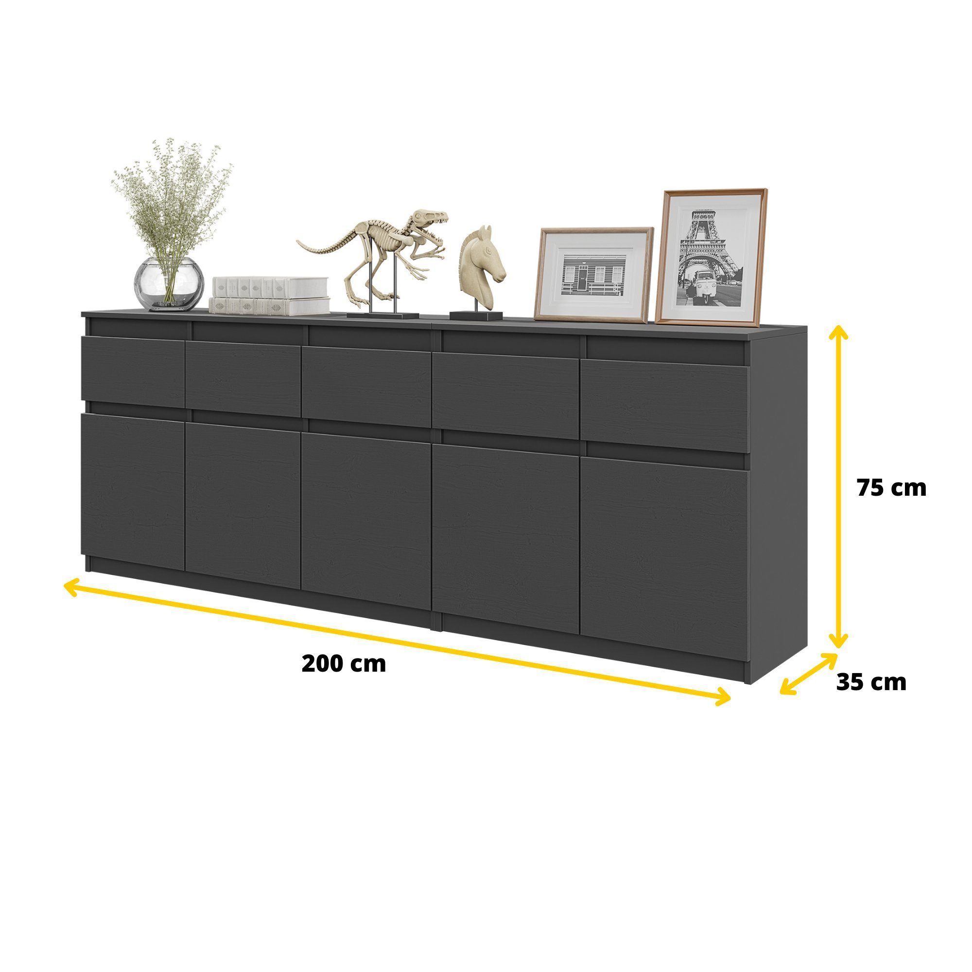 Furnica Kommode NOAH, 5 Schubladen und 5 Türen - Anthrazit Grau H75cm B200cm T35cm