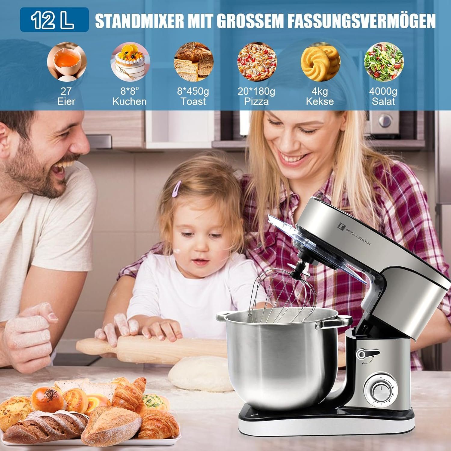 Kraftline Küchenmaschine 4in1 2500W 12L 6 Gänge Edelstahl Design Ideal für Brot und Pizzateig, 2500,00 W, 2500W Motor, 12L Edelstahlschüssel, Spülmaschinenfest