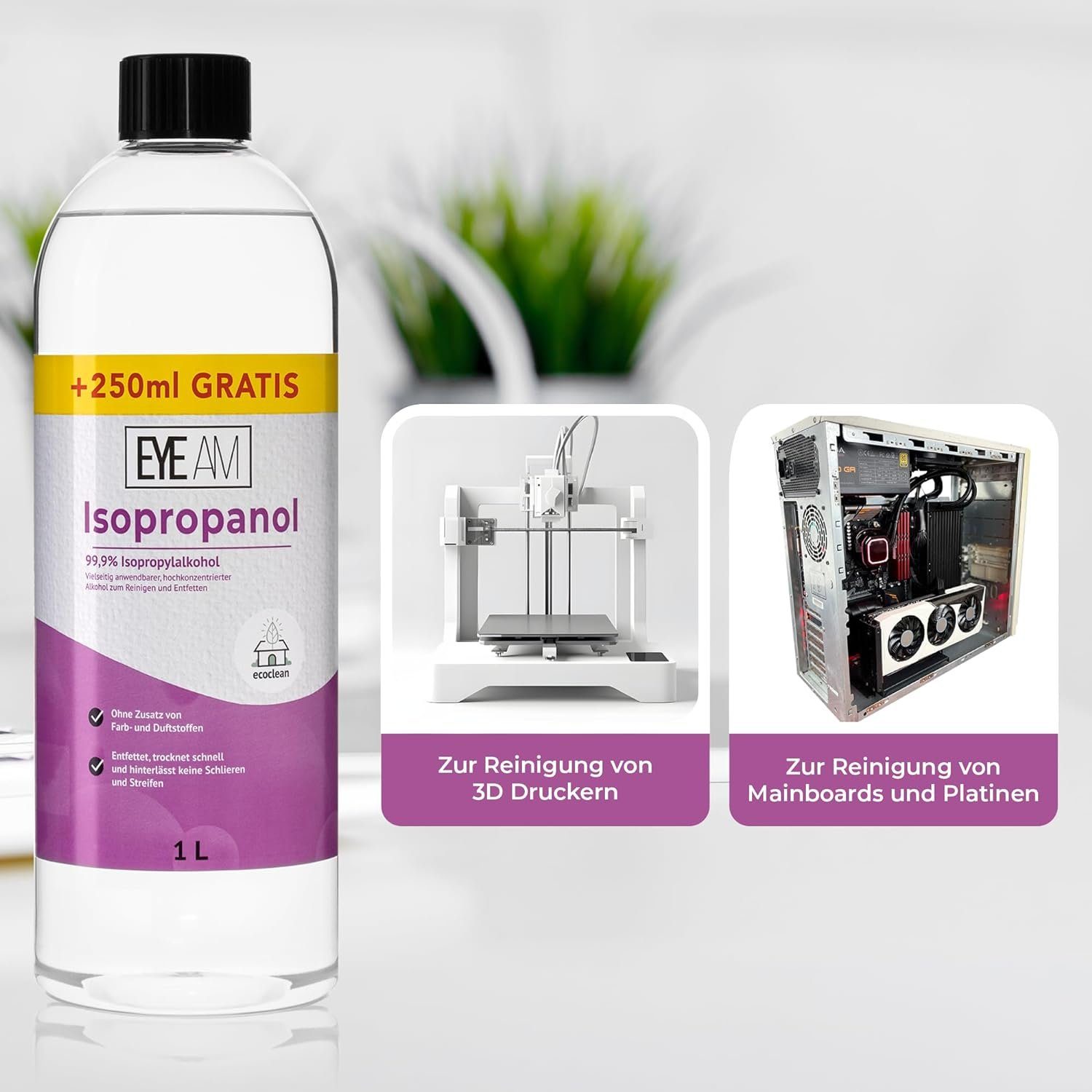 EyeAm Isopropanol 99,9% (IPA) mit 500ml Zusatzflasche zum Verdünnen, Reinigungsalkohol