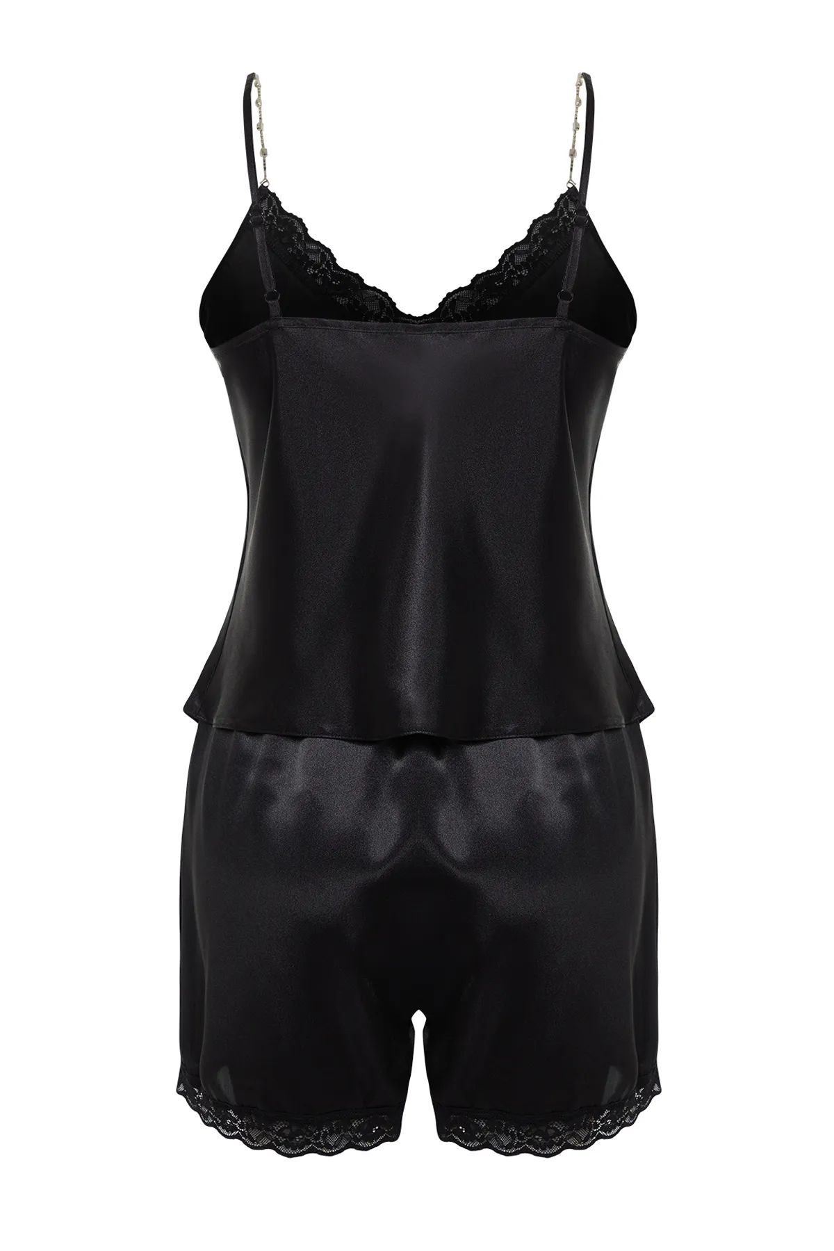 Trendyol Collection  Schwarzes Pyjama-Set aus gewebtem Satin mit Ketten- und Spitzendetail THMSS24PT00110